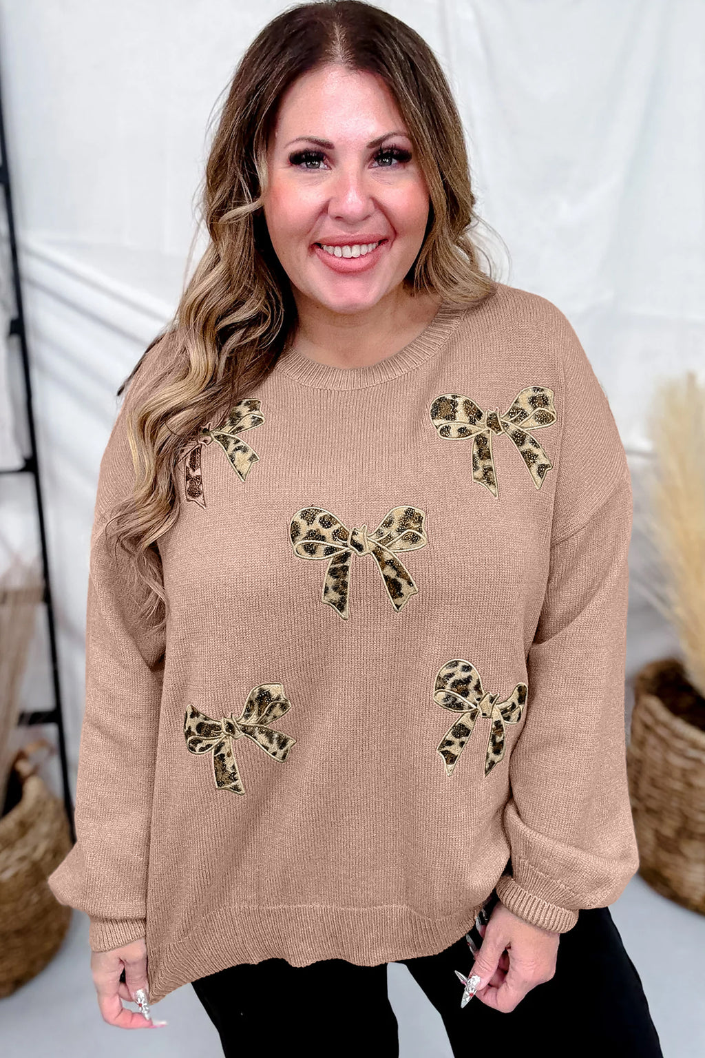 Dark Khaki Leopard Bow Embroidery Drop Shoulder Tunic Plus Size Sweater