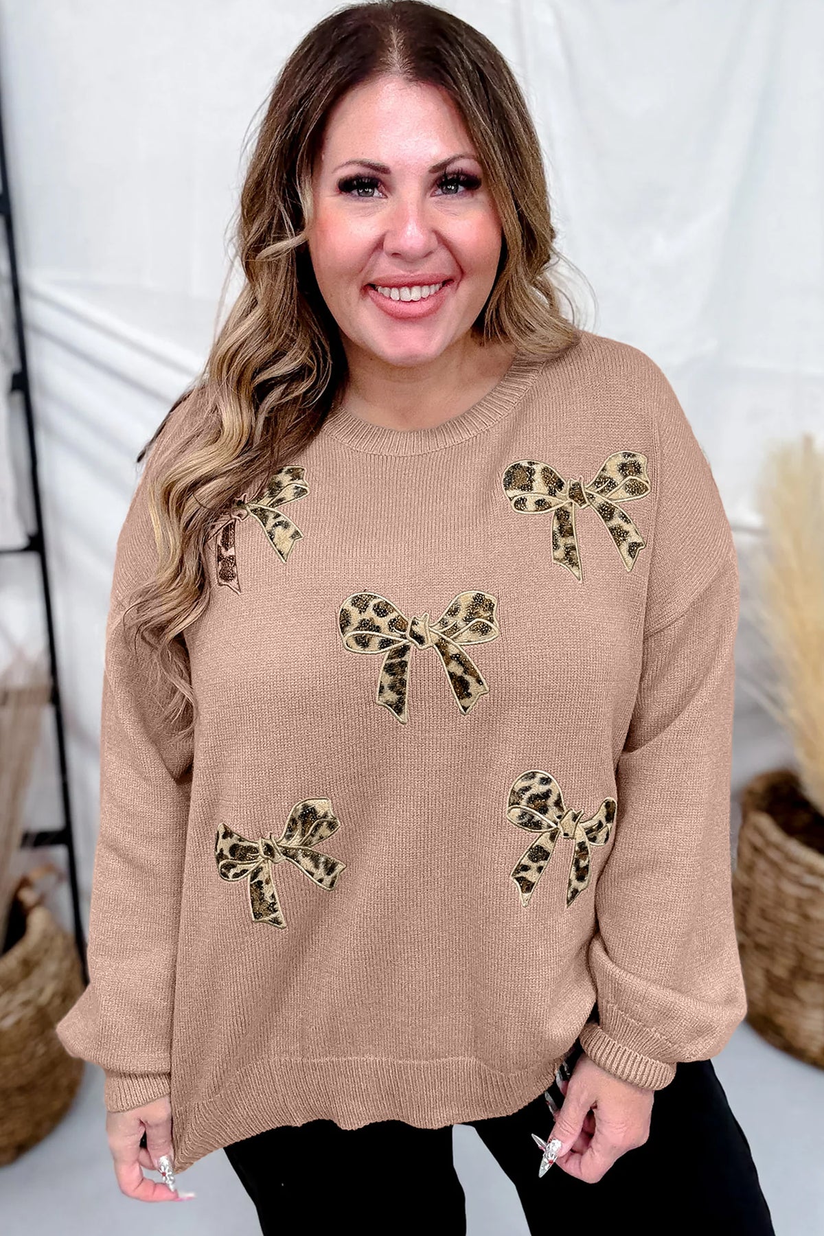 Dark Khaki Leopard Bow Embroidery Drop Shoulder Tunic Plus Size Sweater