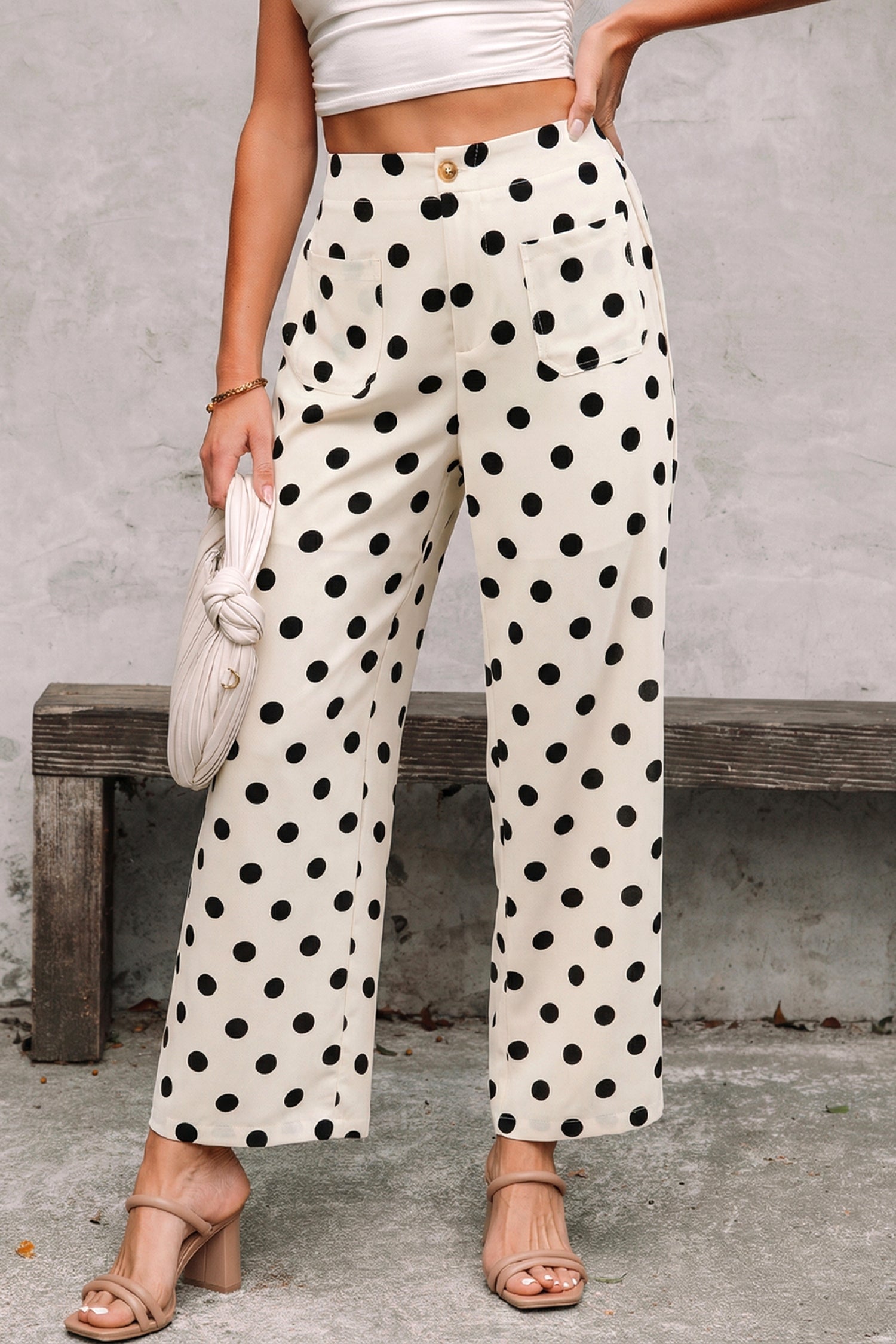 White Polka Dot Print Patched Pocket Mid-rise Straight Leg Pants