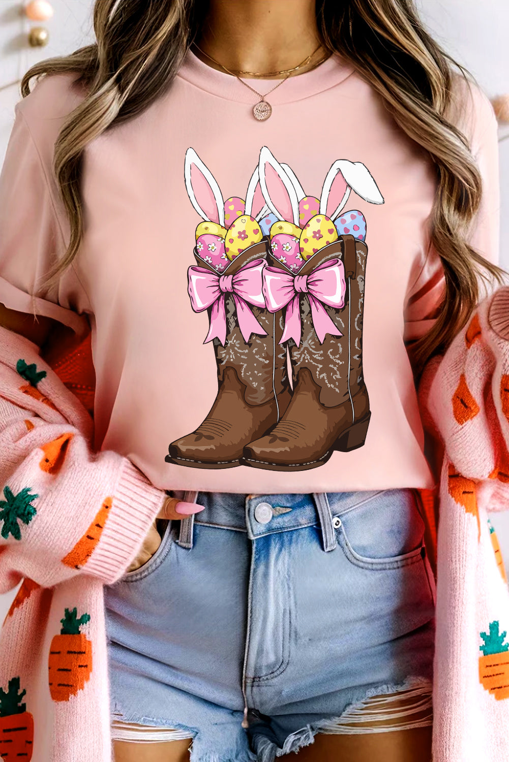 Pink Easter Eggs Bunny Ear Bow Boots Printed Tee