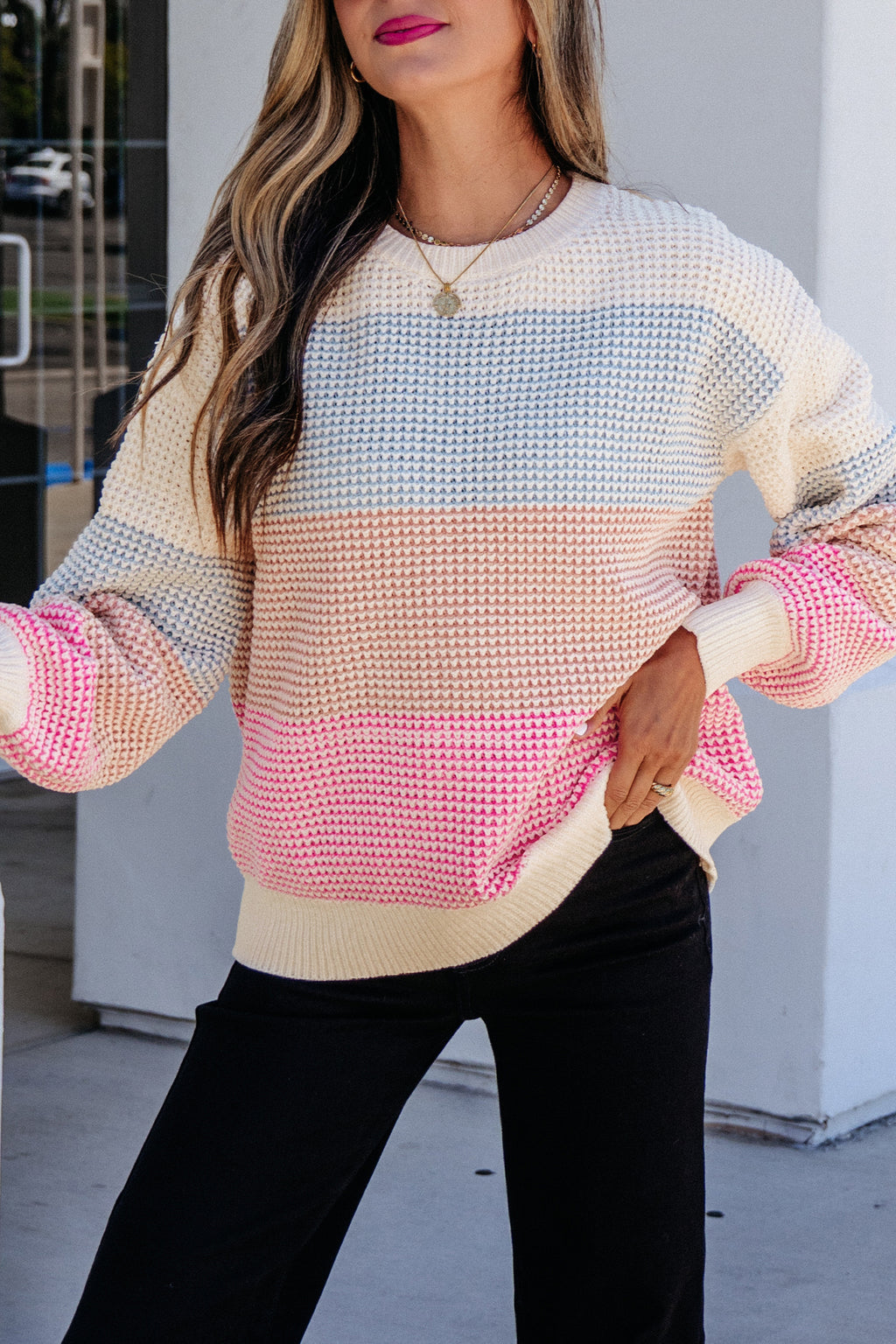 Light Blue Drop Shoulder Round Neck Long Sleeve Pullover Sweater