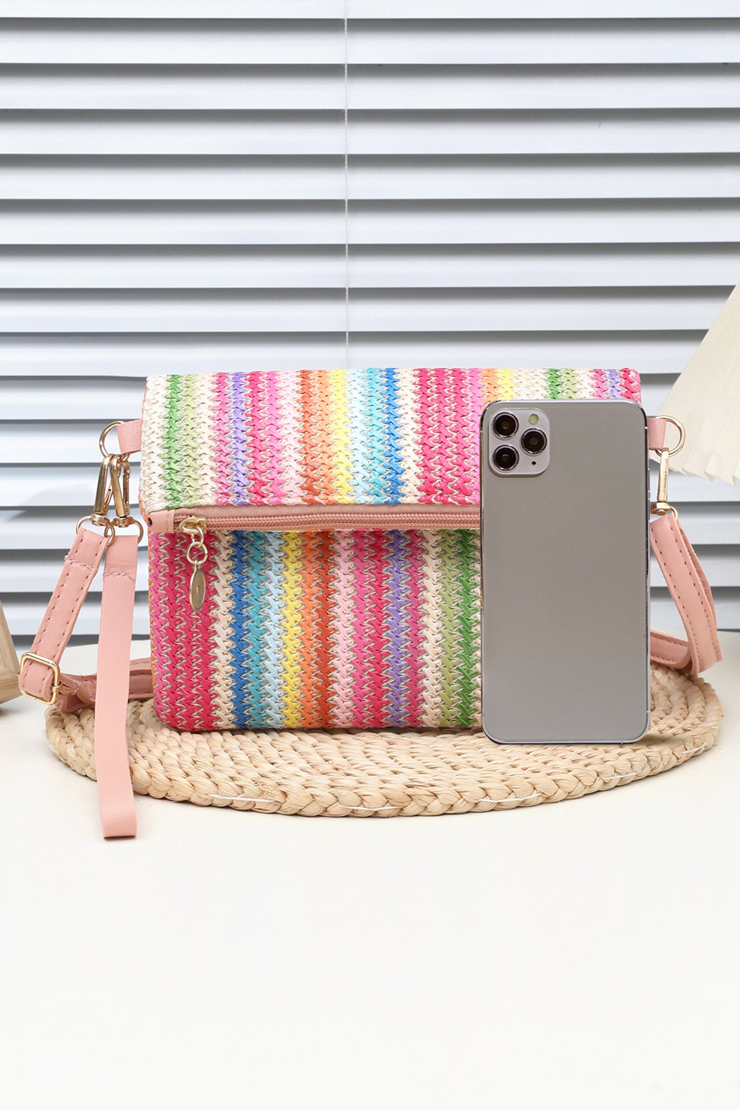 Pink Striped Straw Woven Zip Folded Magnetic Button Shoulder Bag