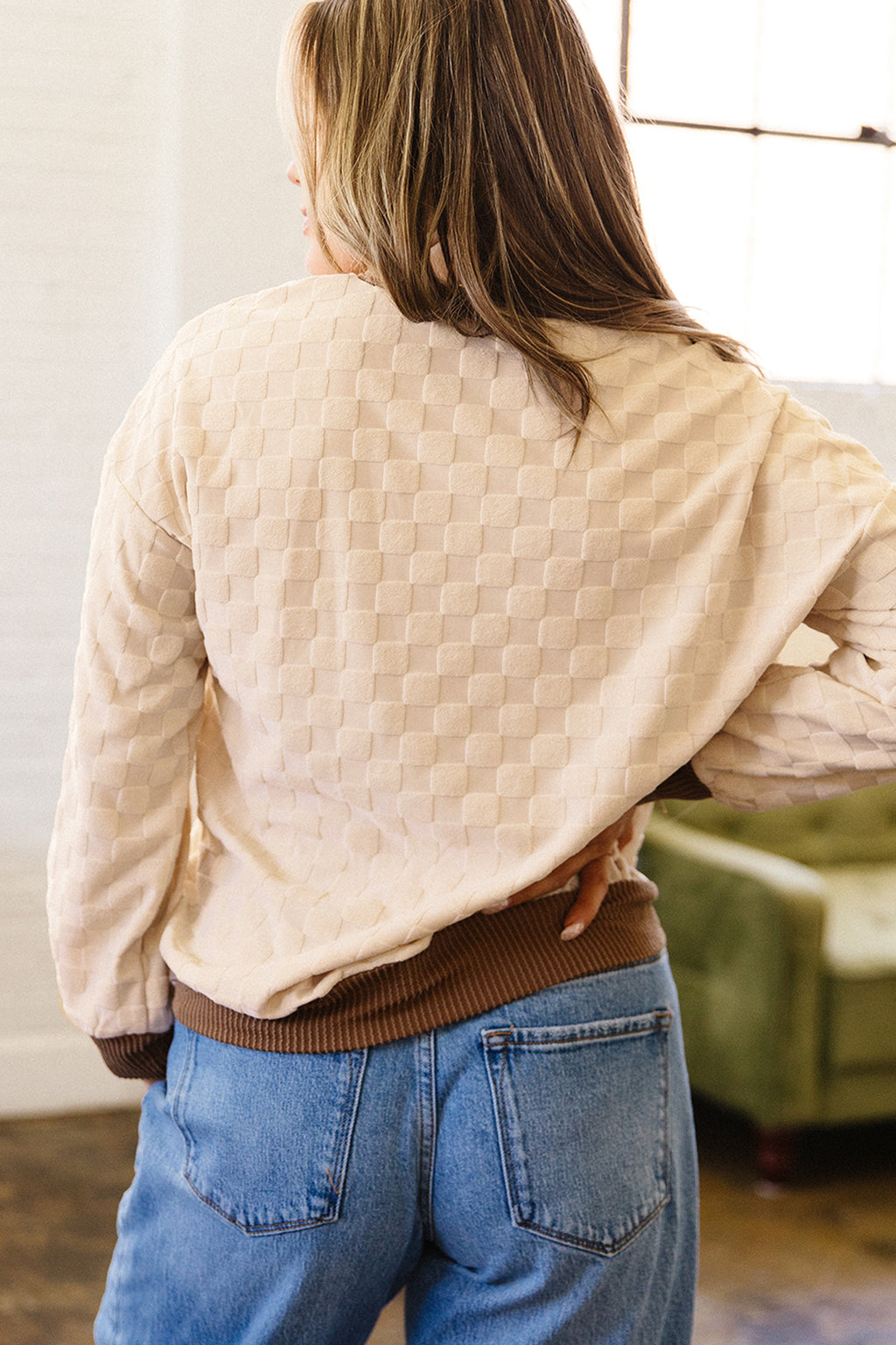 Parchment Plush Checkered Contrast Twisted Rib Long Sleeve Top