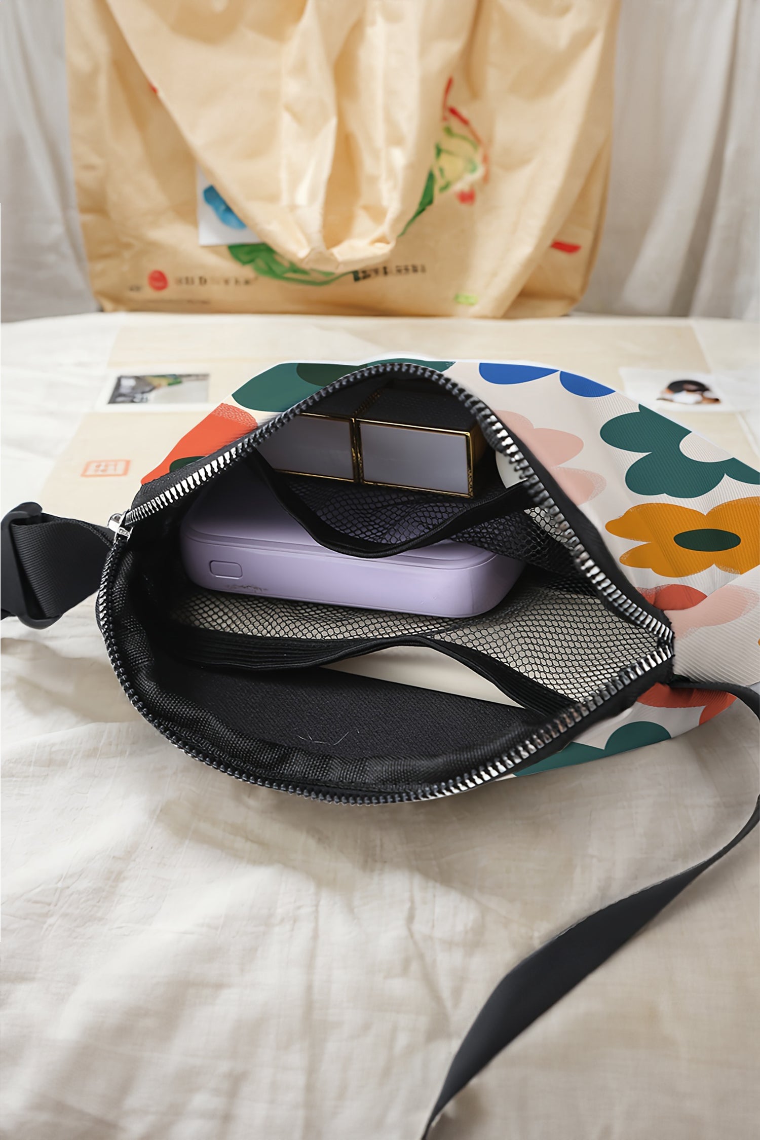 White Cute Flower Printed Canvas Crossbody Bag
