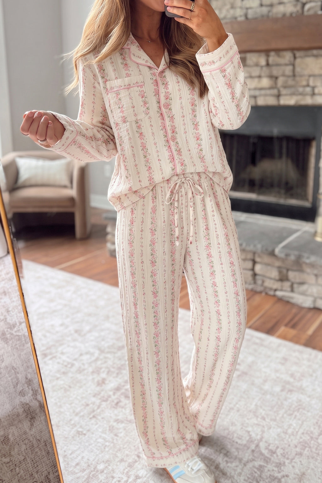 Pink Floral Print Long Sleeve Button Front Shirt Pajama Pant Set