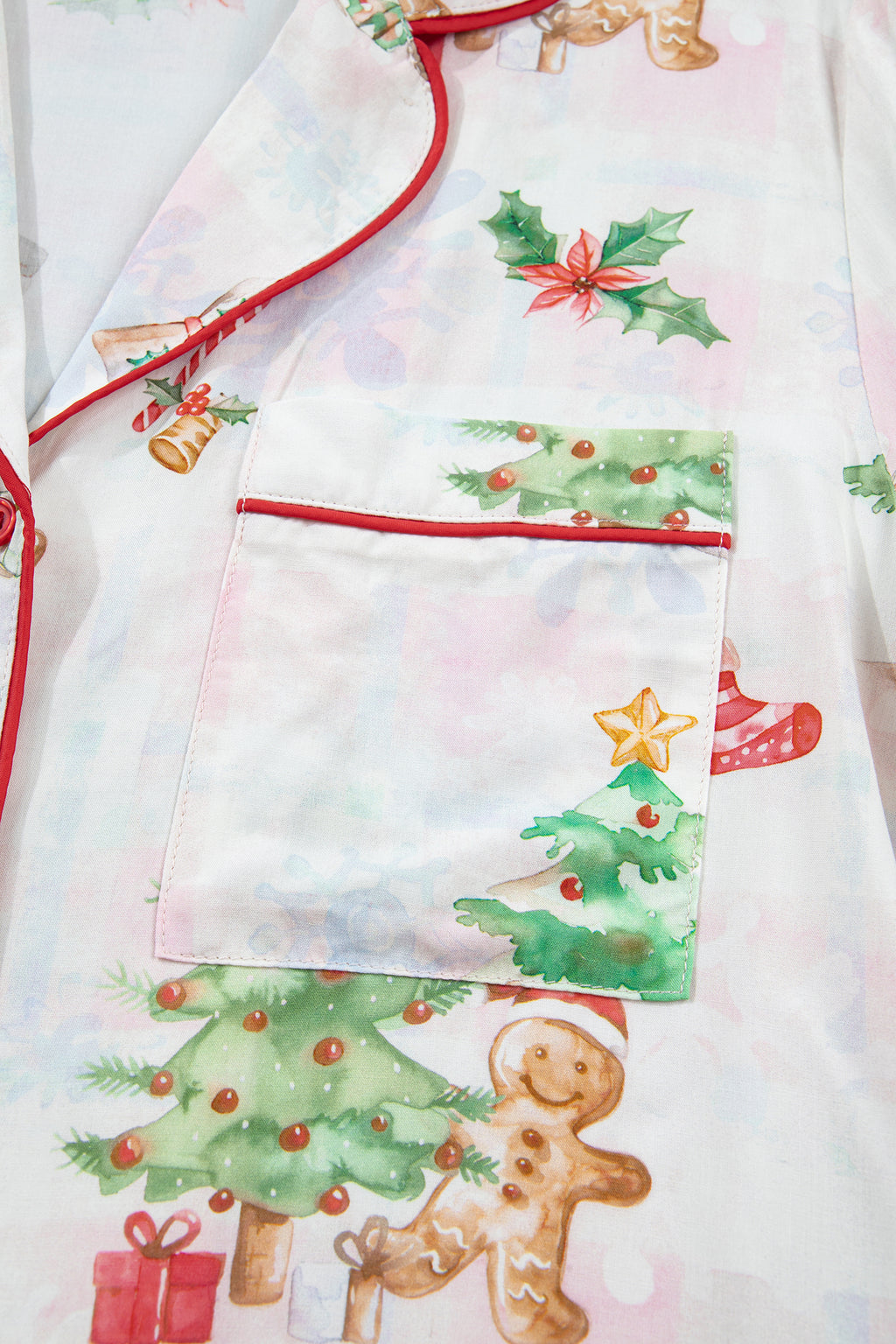 Pink Plaid Snowflake Christmas Gingerbread Man Print Long 2pcs Lounge Set