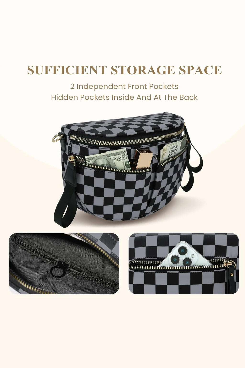Oatmeal Canvas Checkerboard Pattern 27cm Compact Crossbody Bag