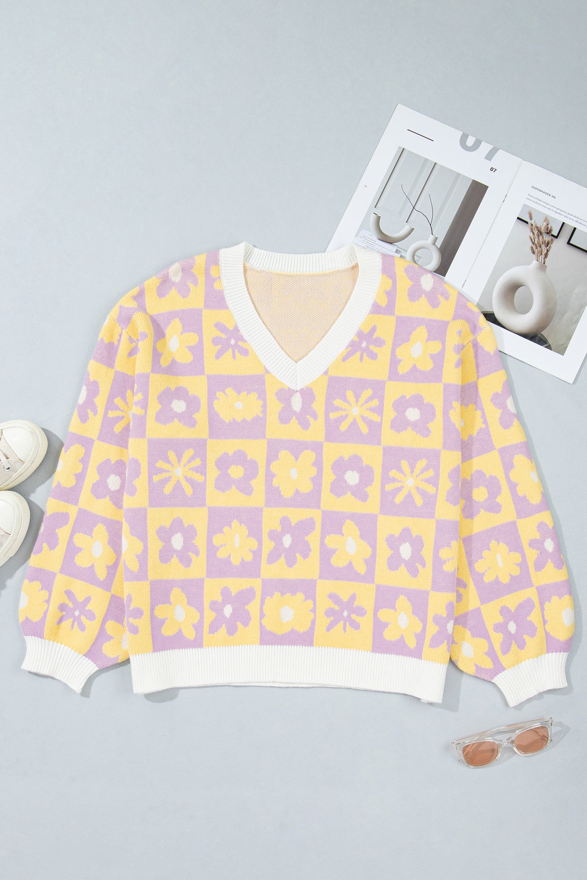 Multicolour V Neck Plaid Floral Long Sleeve Plus Size Sweater