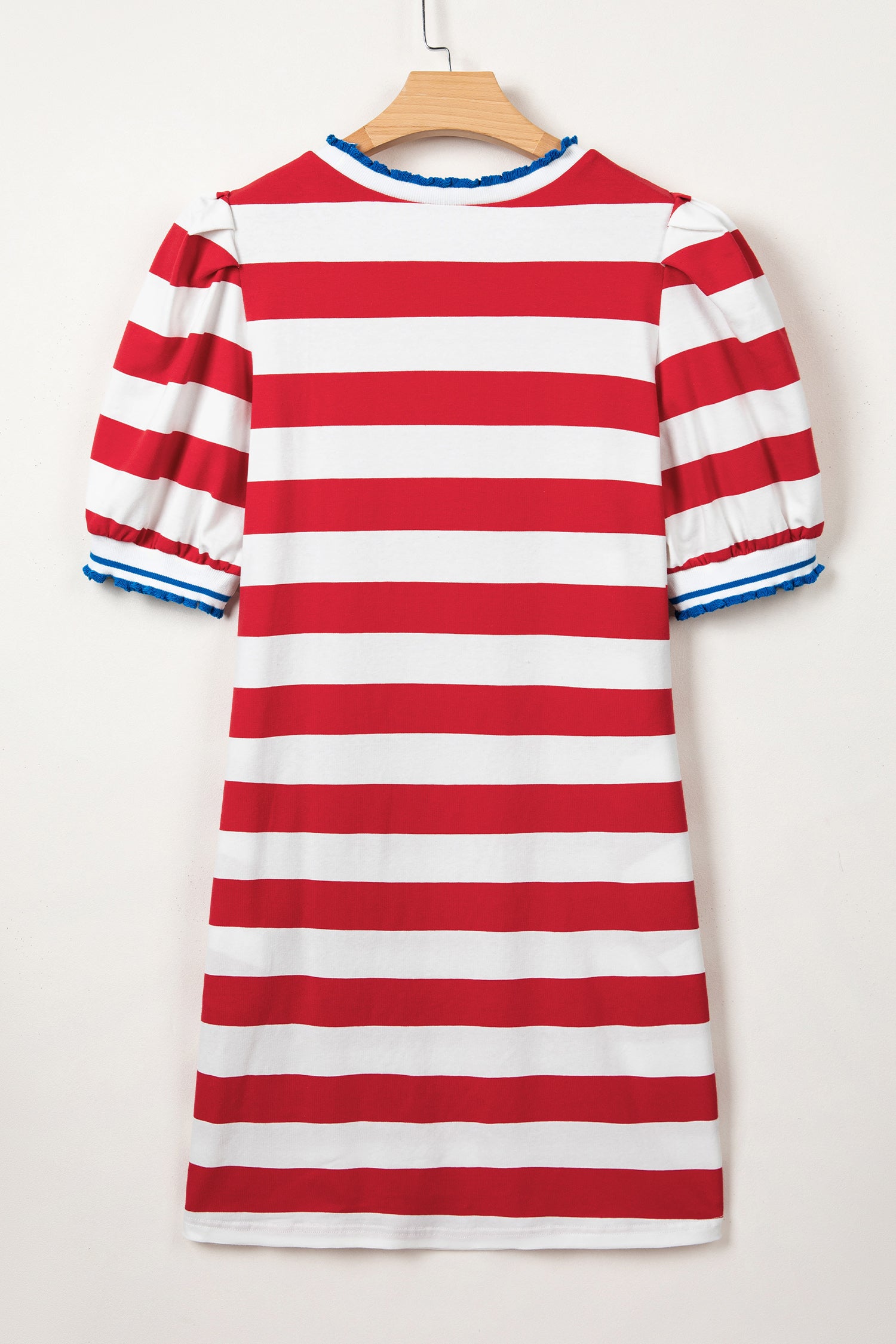 Red Stripe Contrast Trim Round Neck Short Puff Sleeve Shift Dress