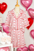 Red Cute Bow Heart Print Ribbon Decor Short 2pcs Pajama Set