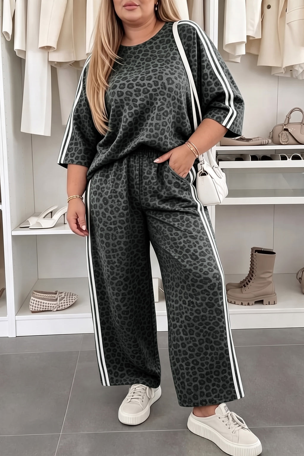 Gray Leopard Print Bracelet Sleeve Top Plus Size Loose Pants Set