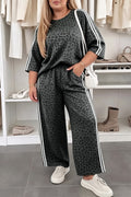 Gray Leopard Print Bracelet Sleeve Top Plus Size Loose Pants Set