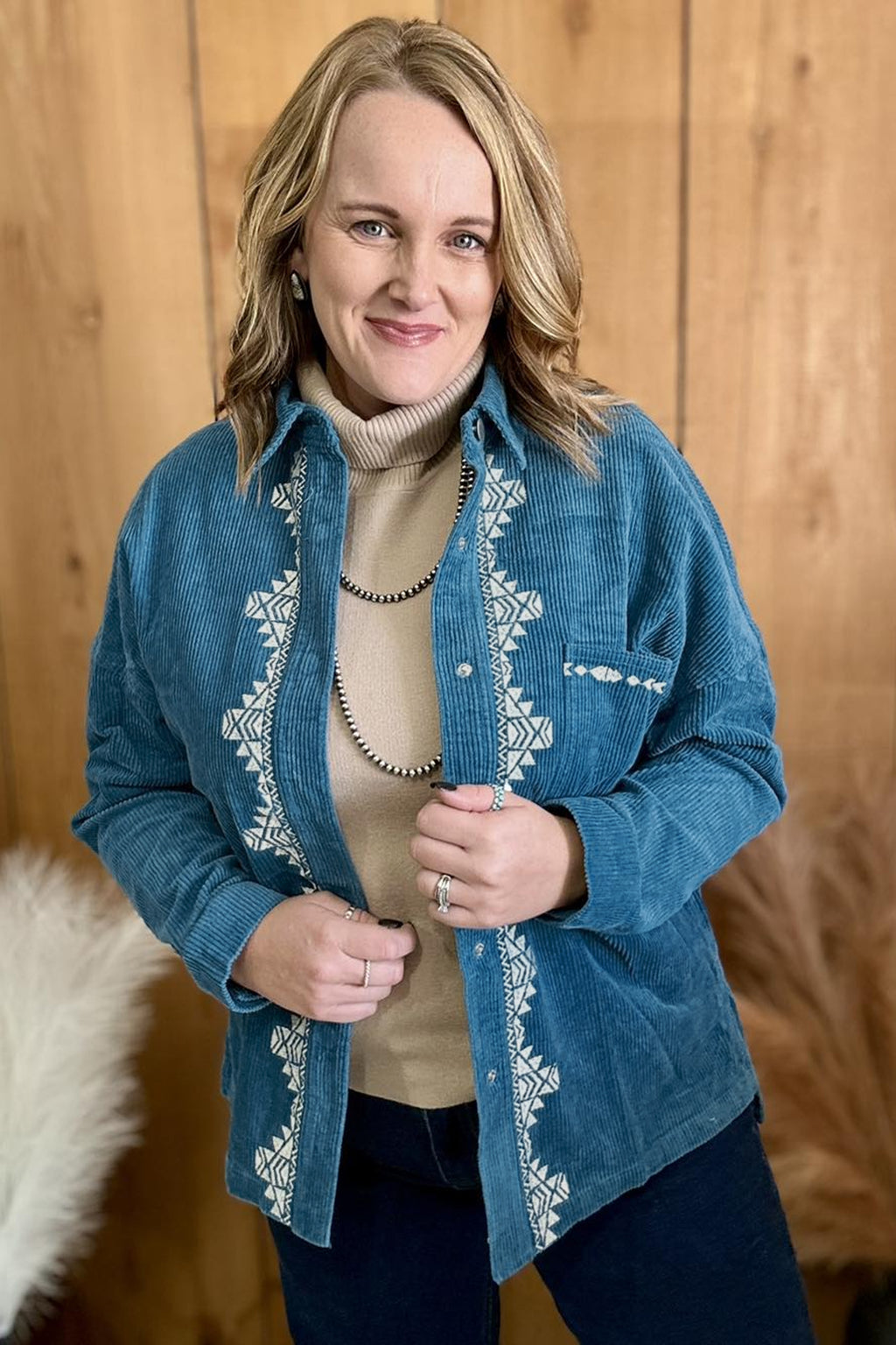 Blue Embroidered Corduroy V-Neck Long Sleeve Plus Size Shirt