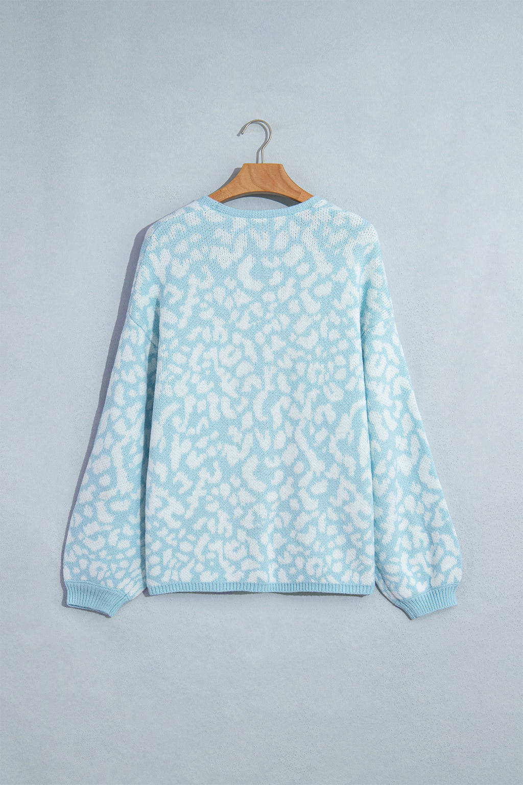 Light Blue Leopard Print V Neck Long Sleeve Loose Fit Knit Cardigan