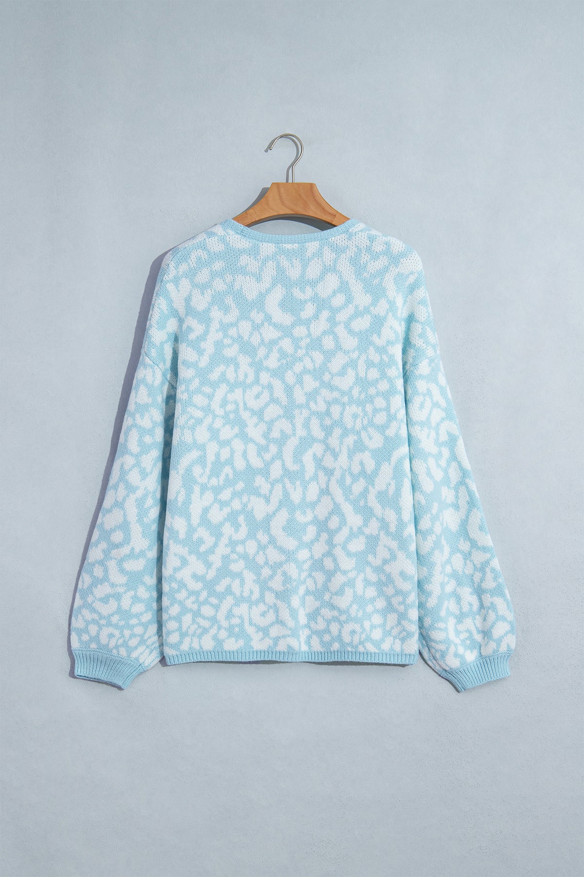 Light Blue Leopard Print V Neck Long Sleeve Loose Fit Knit Cardigan