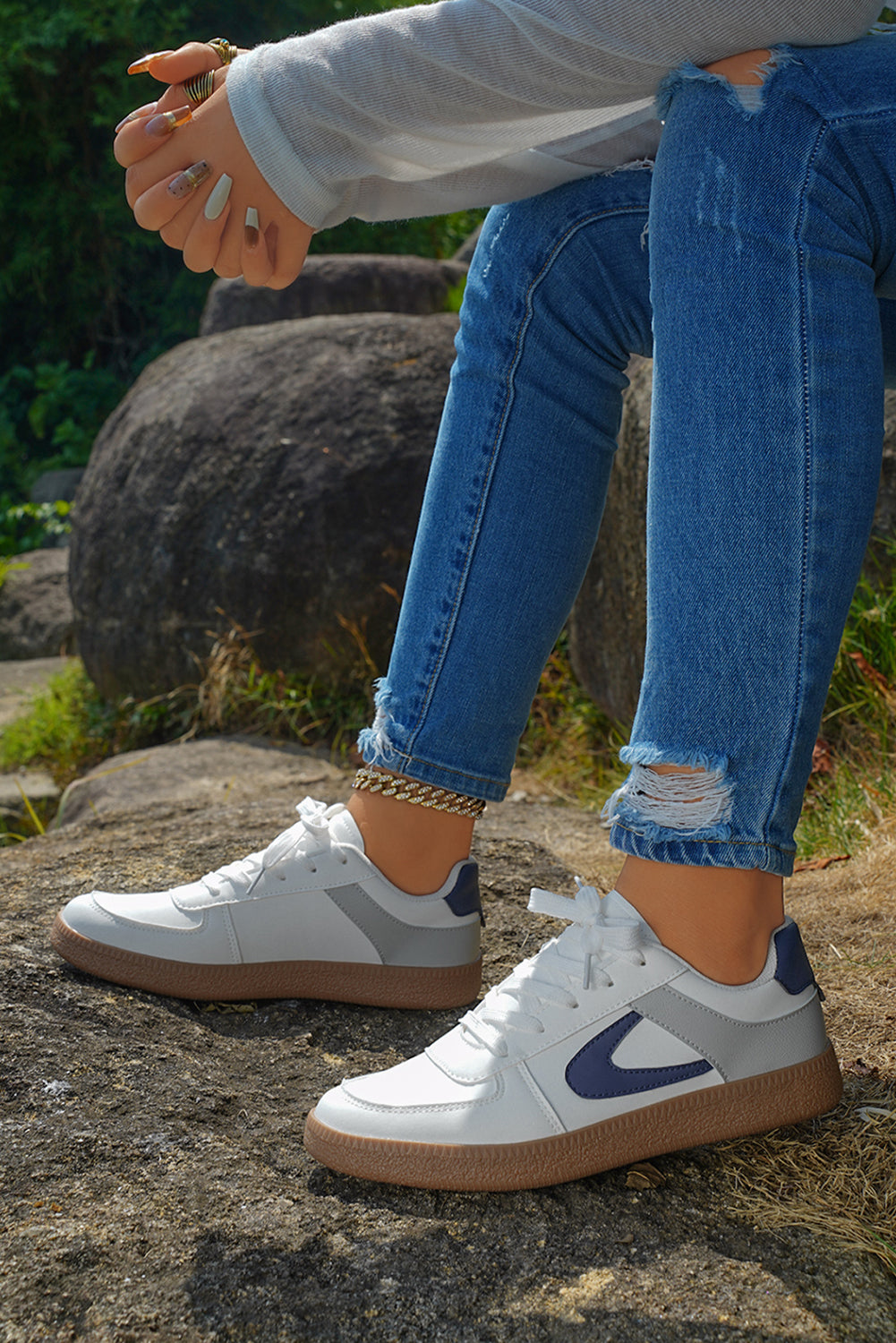 Navy Blue Color Contrast PU Leather Lace-up Sneakers