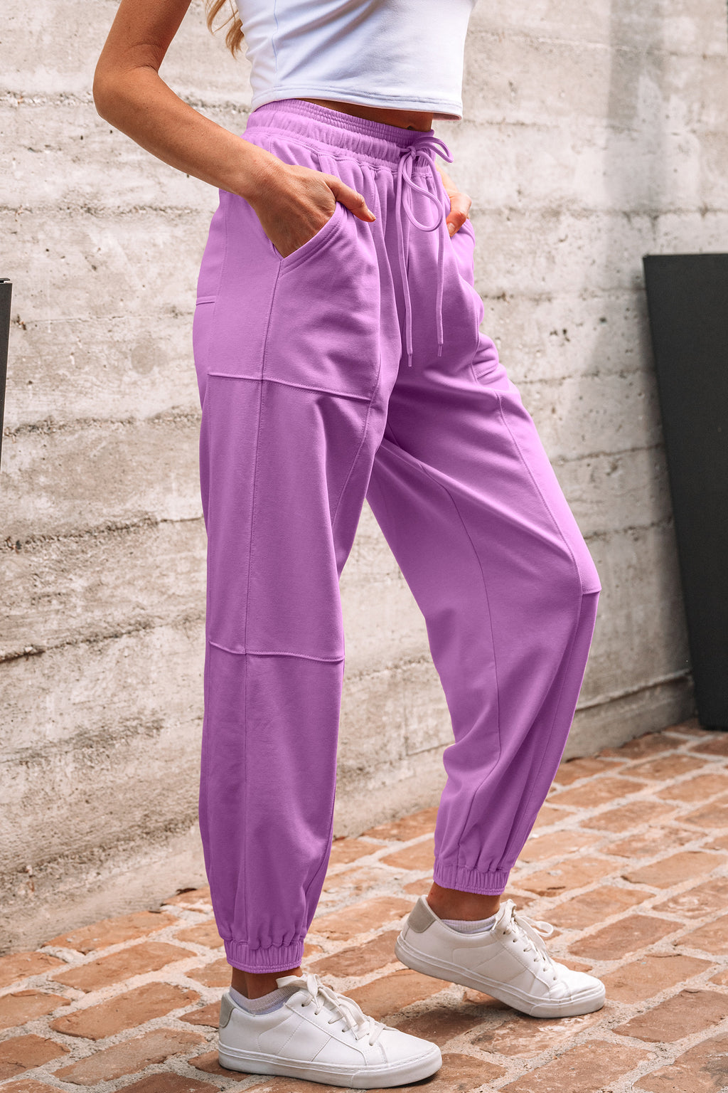 Light Pink Drawstring Elastic Waistband Solid Color Jogger Pants