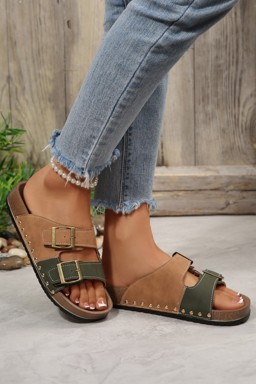 Blackish Green Retro Buckle Cutout Straps PU Leather Studded Slippers