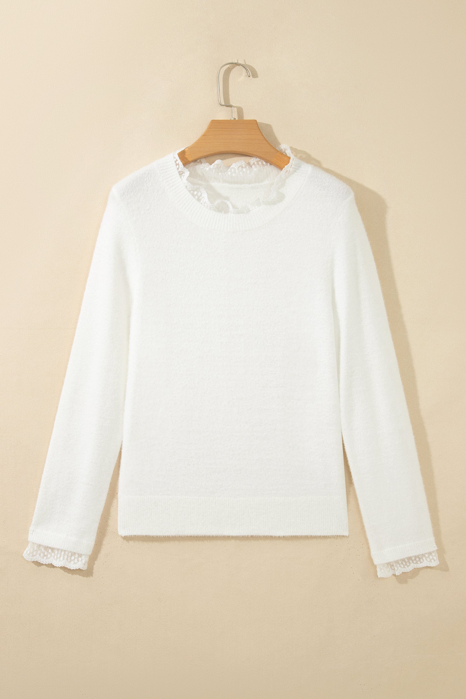 White Lace Trim Neck Cuff Patchwork Long Sleeve Pullover Sweater