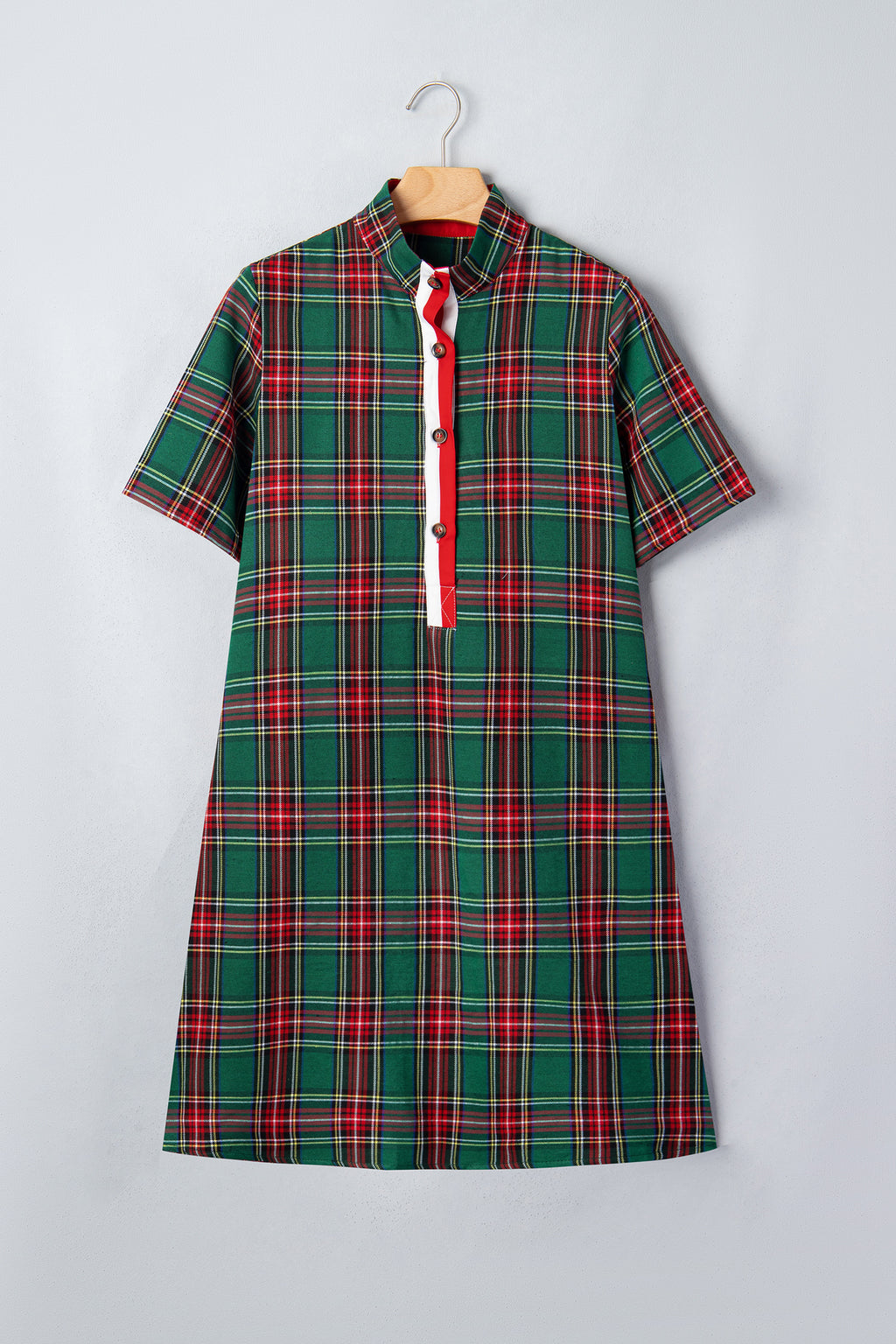 Green Plaid Button Front Short Sleeve Shift Dress
