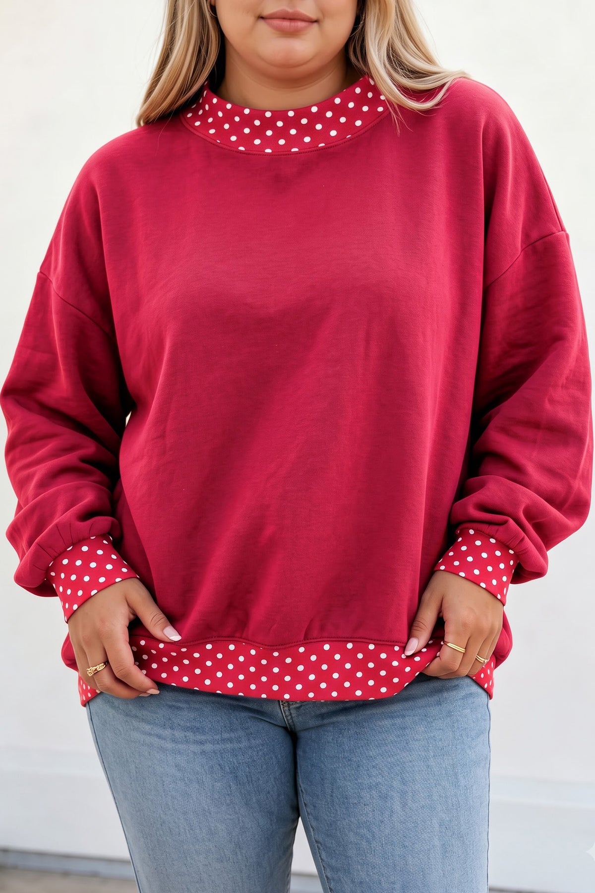 Red Dahlia Polka Dot Patchwork Round Neck Plus Size Sweatshirt
