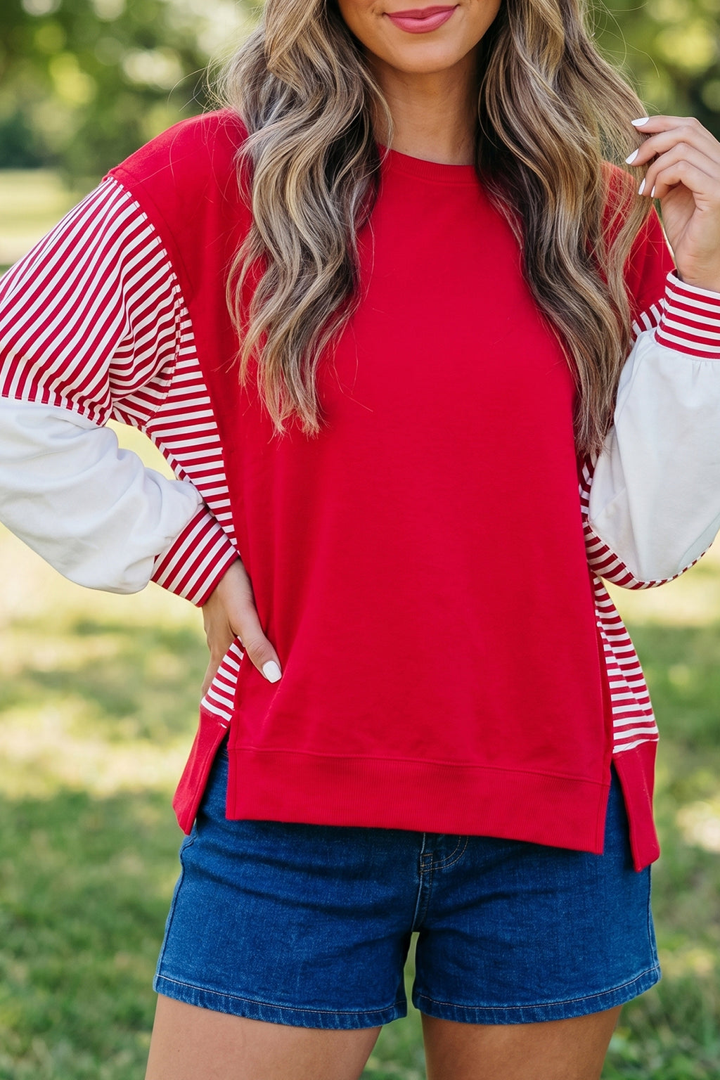 Fiery Red Striped Patchwork Sleeve Colorblock Sweatshirt