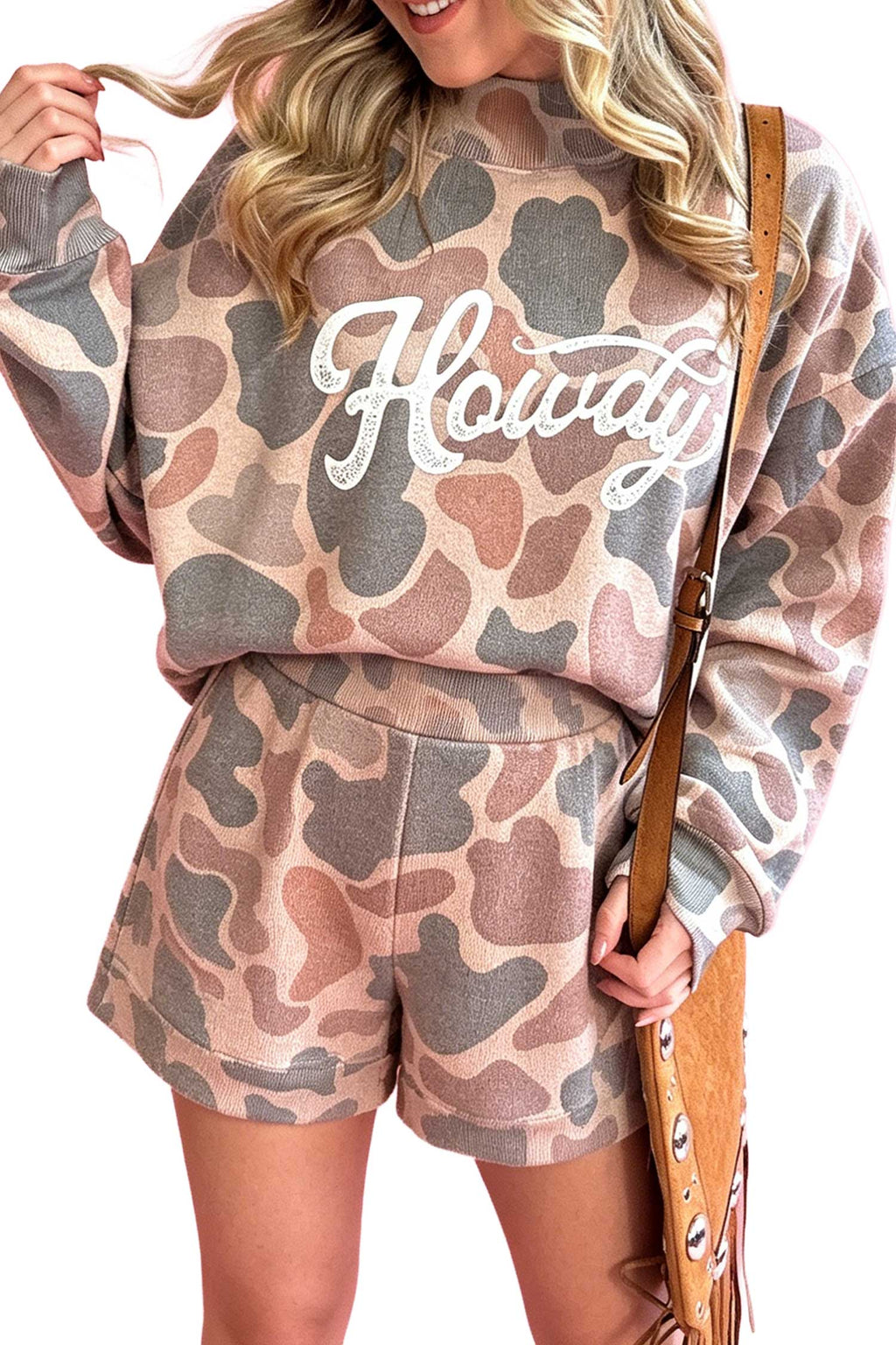 Multicolour Howdy Camouflage High Neck Long Sleeve Top and Shorts Set