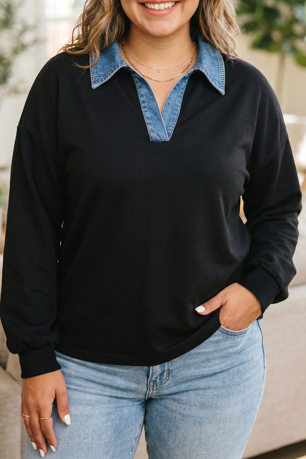 Black Solid V Neck Tunic Shift Long Sleeve Plus Size Blouse