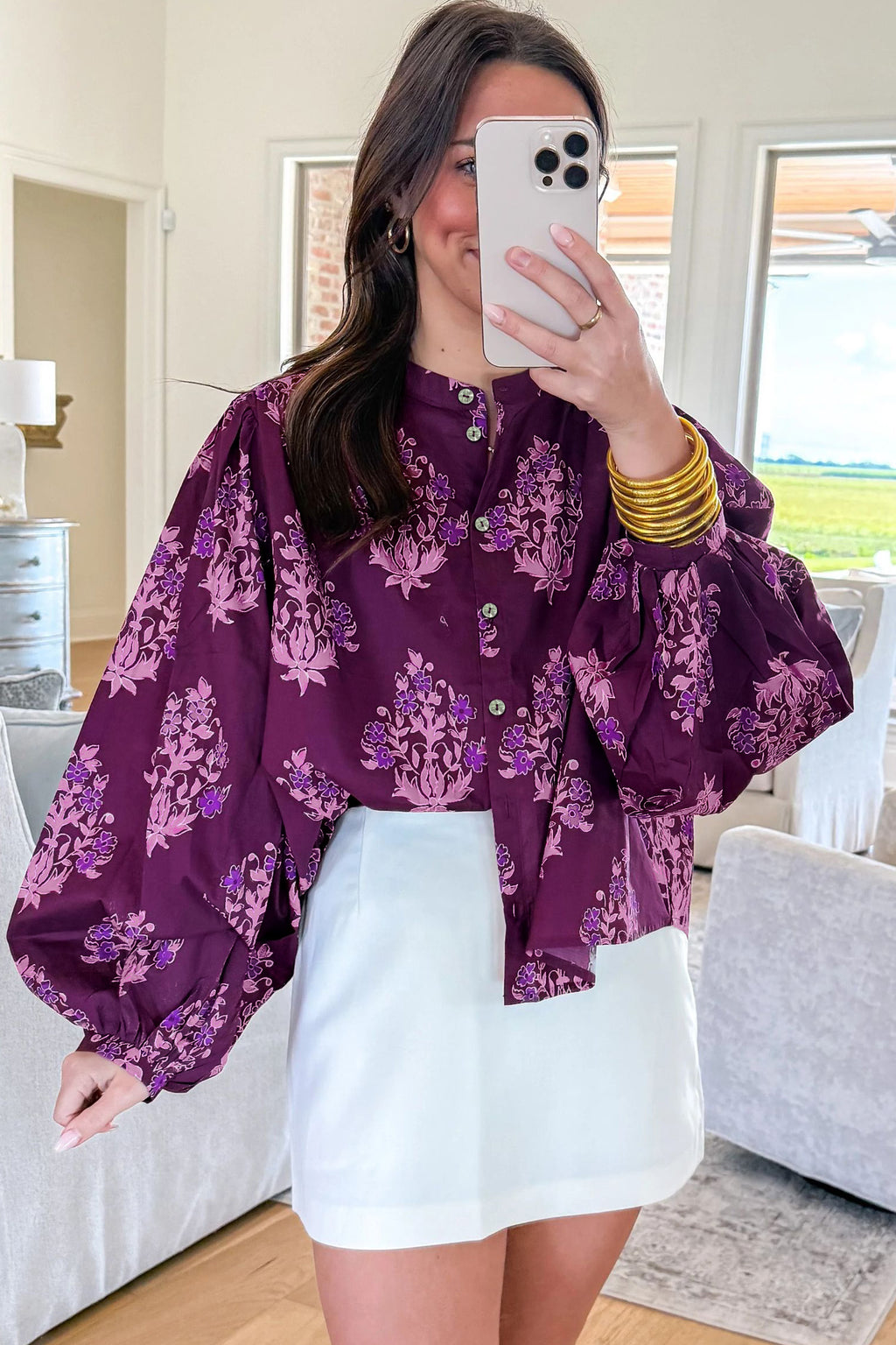 Purple Floral Print Button-Up Long Puff Sleeve Loose Shirt