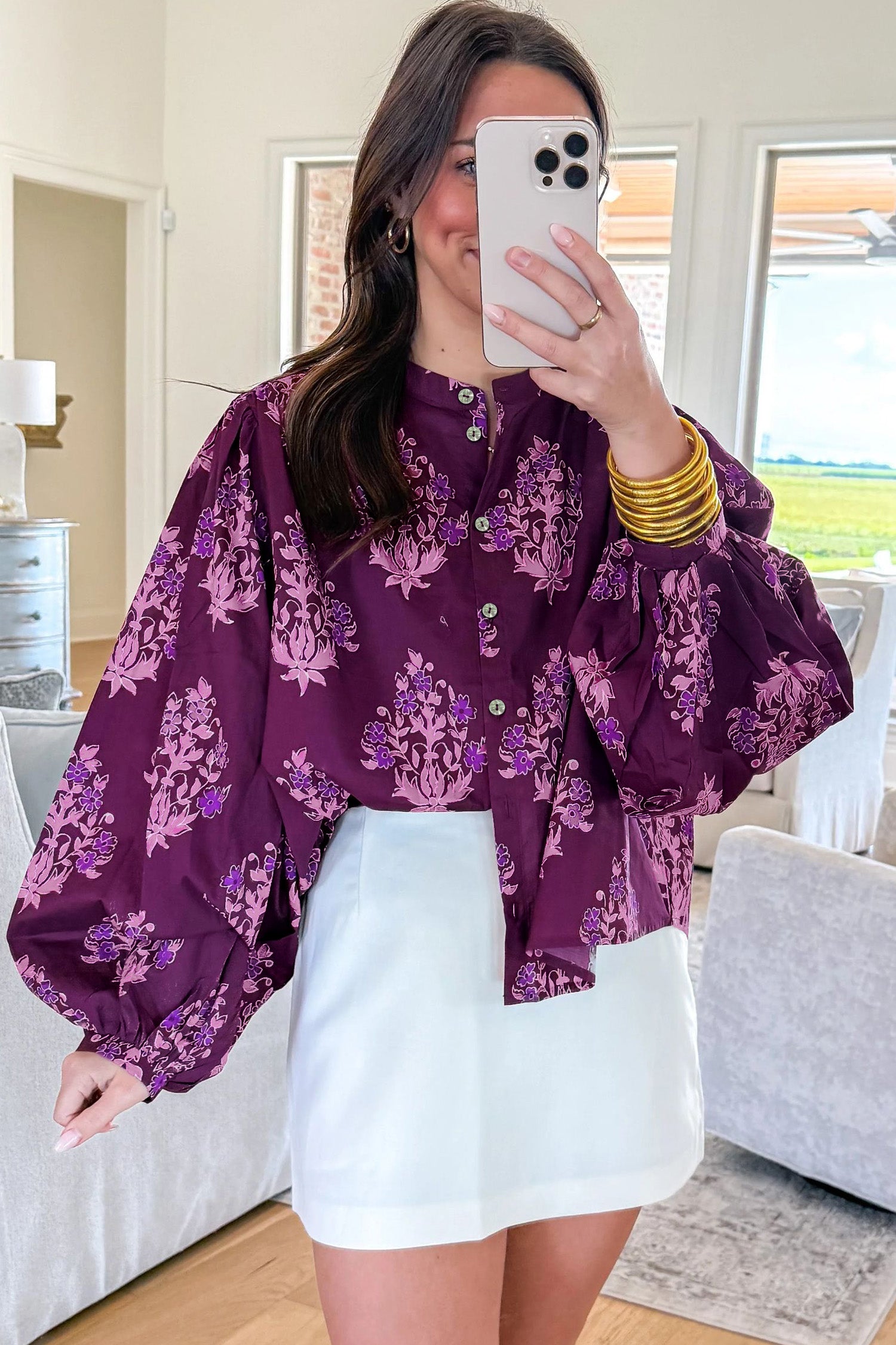 Purple Floral Print Button-Up Long Puff Sleeve Loose Shirt