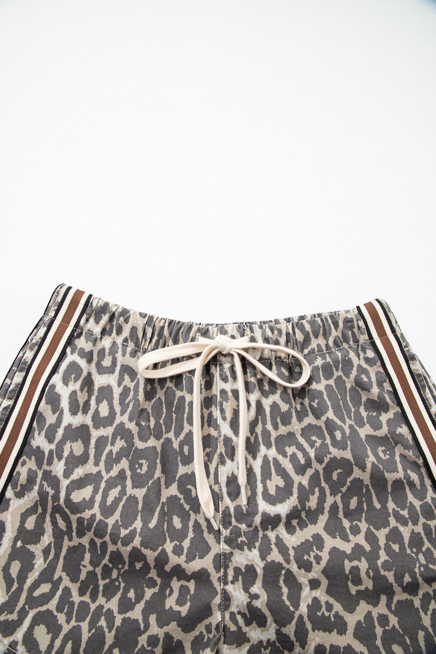 Multicolour Leopard Pattern Striped Detail Drawstring Denim Shorts