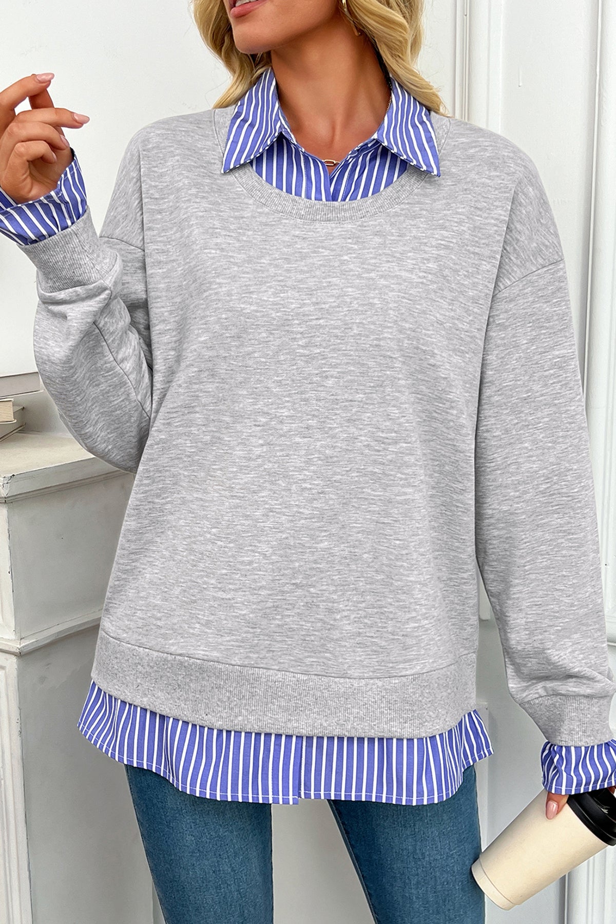 Light Grey Striped Collar 2-in-1 Patchwork Casual Loose Sweatshirt