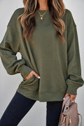 Jungle Green Solid Color Textured Round Neck Drop Shoulder Pullover Sweatshirt