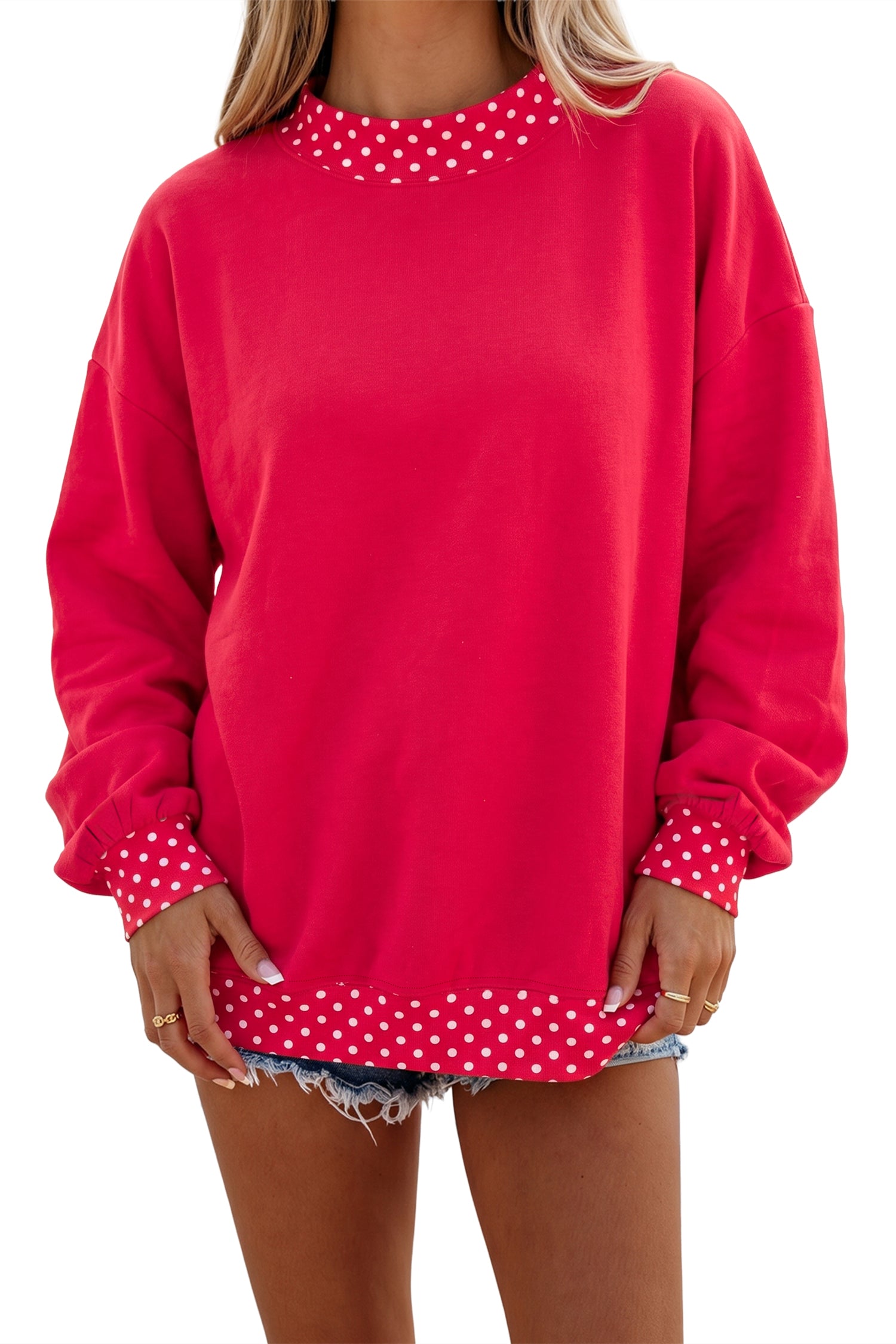 Fiery Red Colorblock Polka Dot Contrast Trim Oversized Sweatshirt