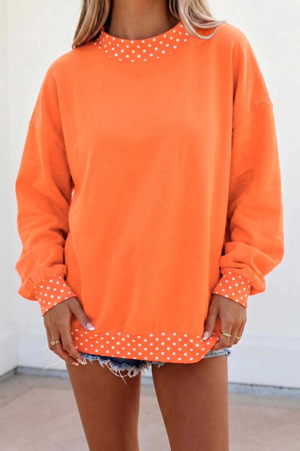 Fiery Red Colorblock Polka Dot Contrast Trim Oversized Sweatshirt