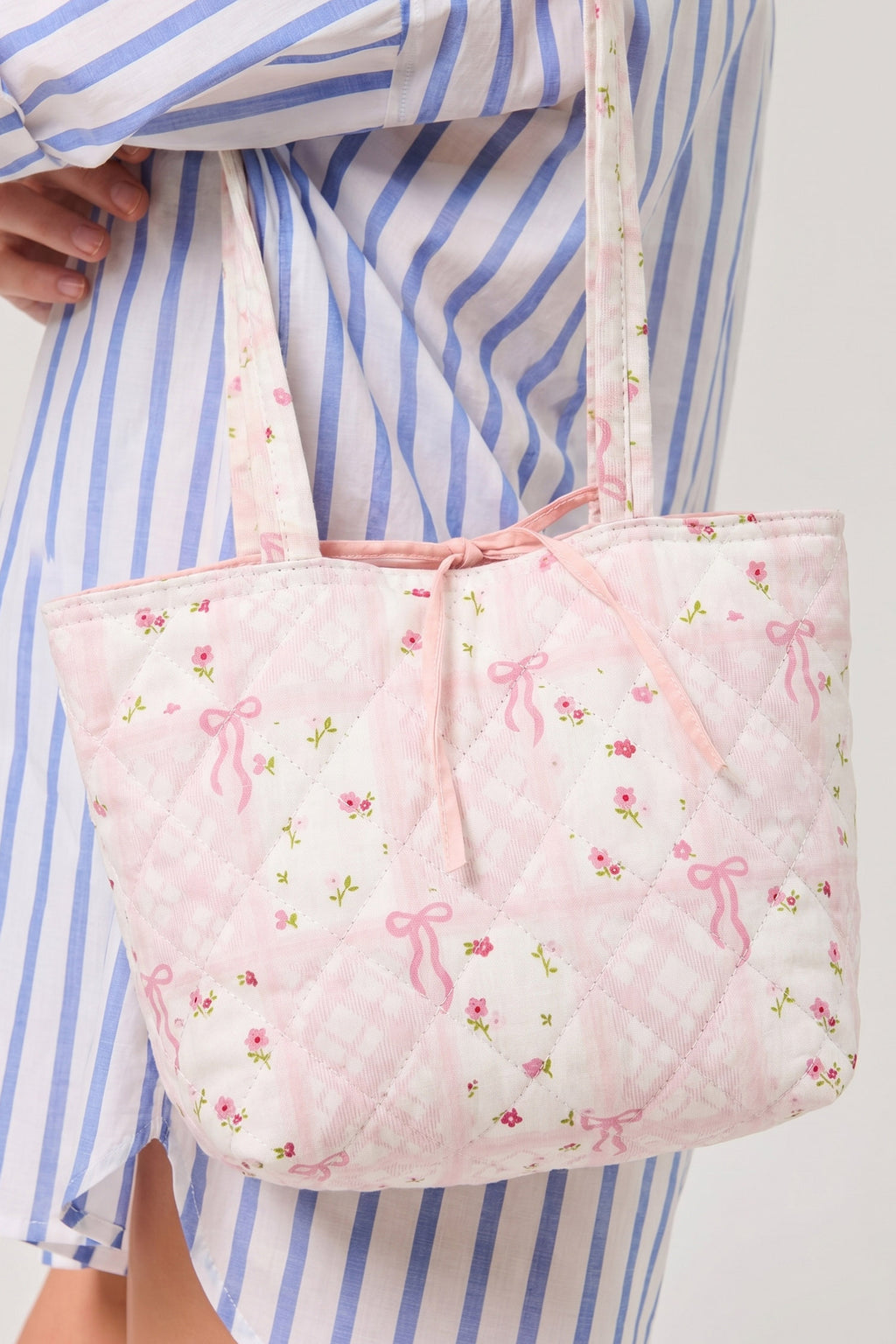 Pink Floral Bow Pattern Quilted Cotton Tote Bag