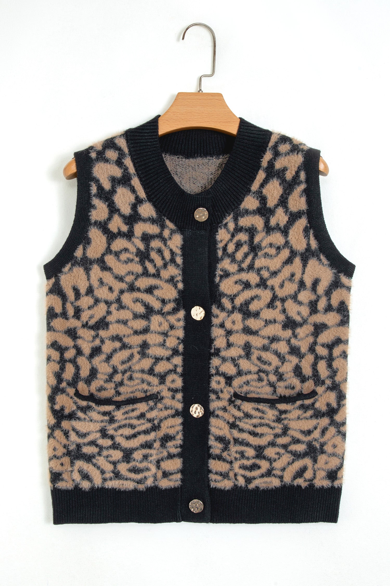 Pink Leopard Print Knit Sleeveless Regular Wash Sweater Vest