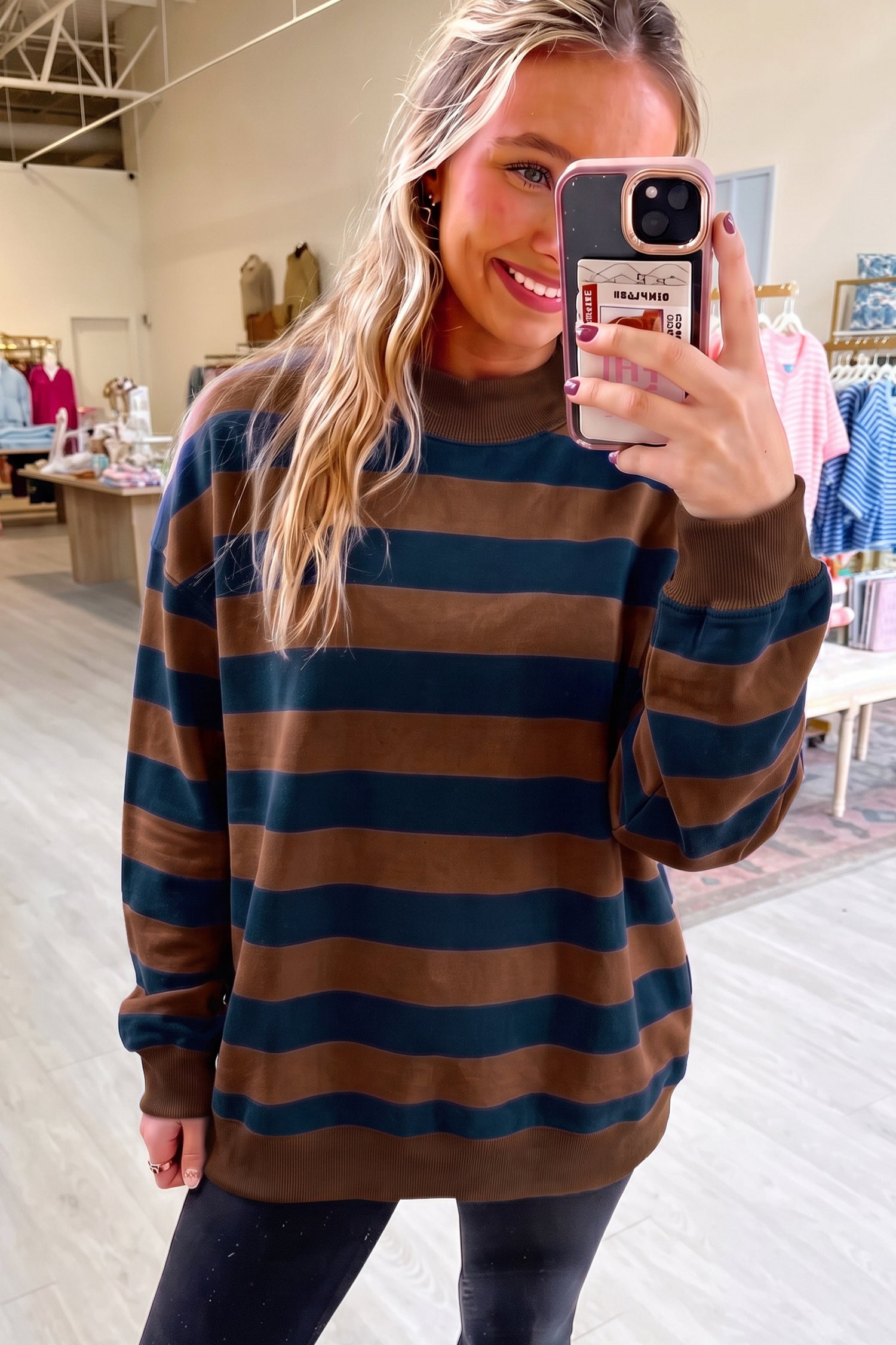 Brown Stripe Colorblock Mock Neck Relaxed Sweatshirt