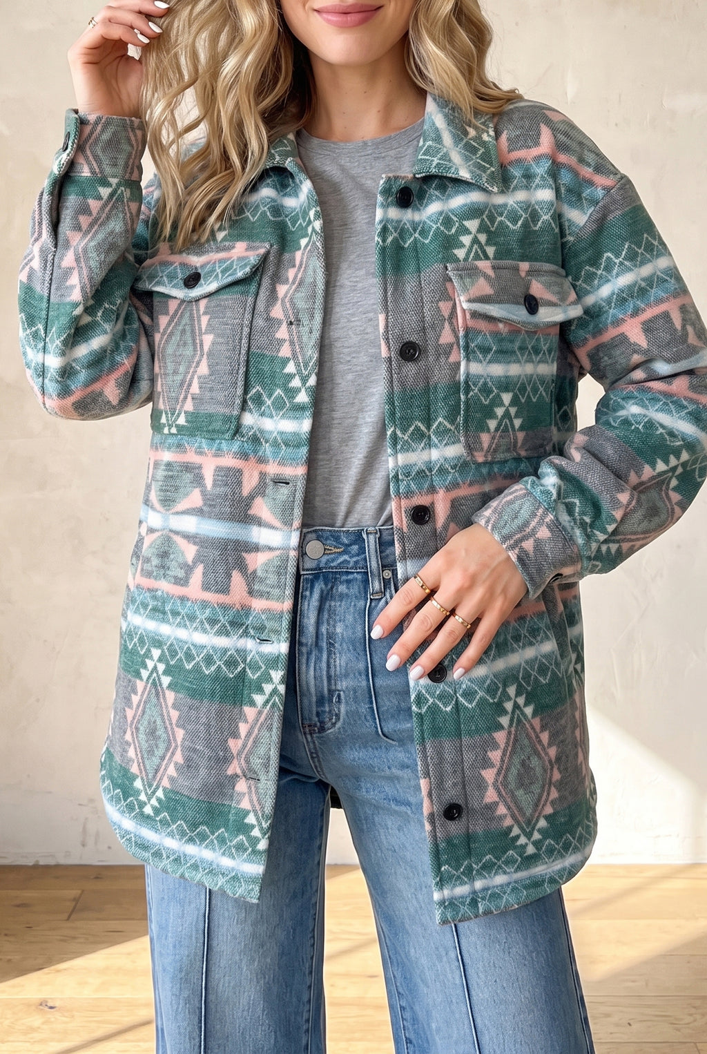 Green Geometric Print Button Front Long Sleeve Shacket