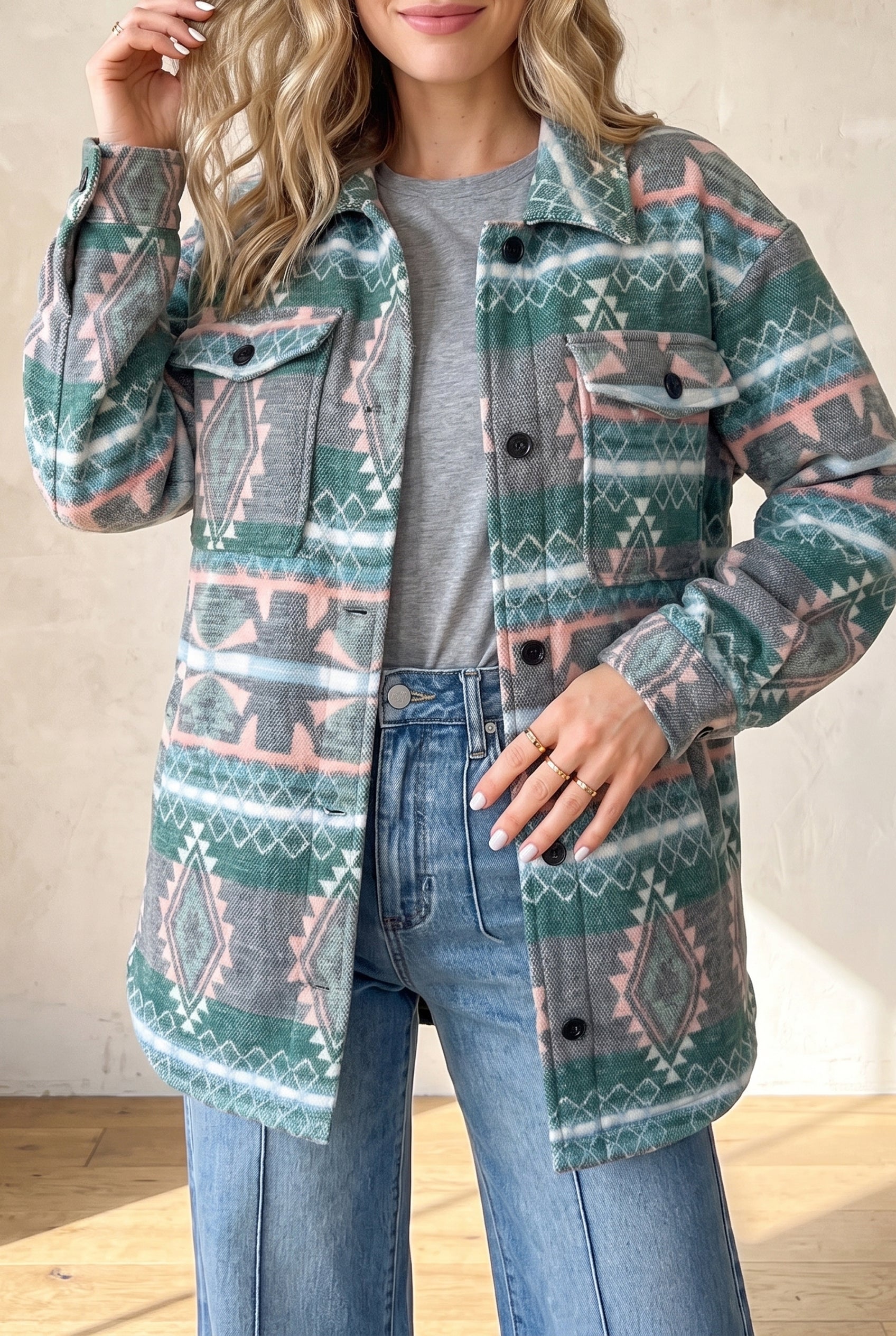 Green Geometric Print Button Front Long Sleeve Shacket