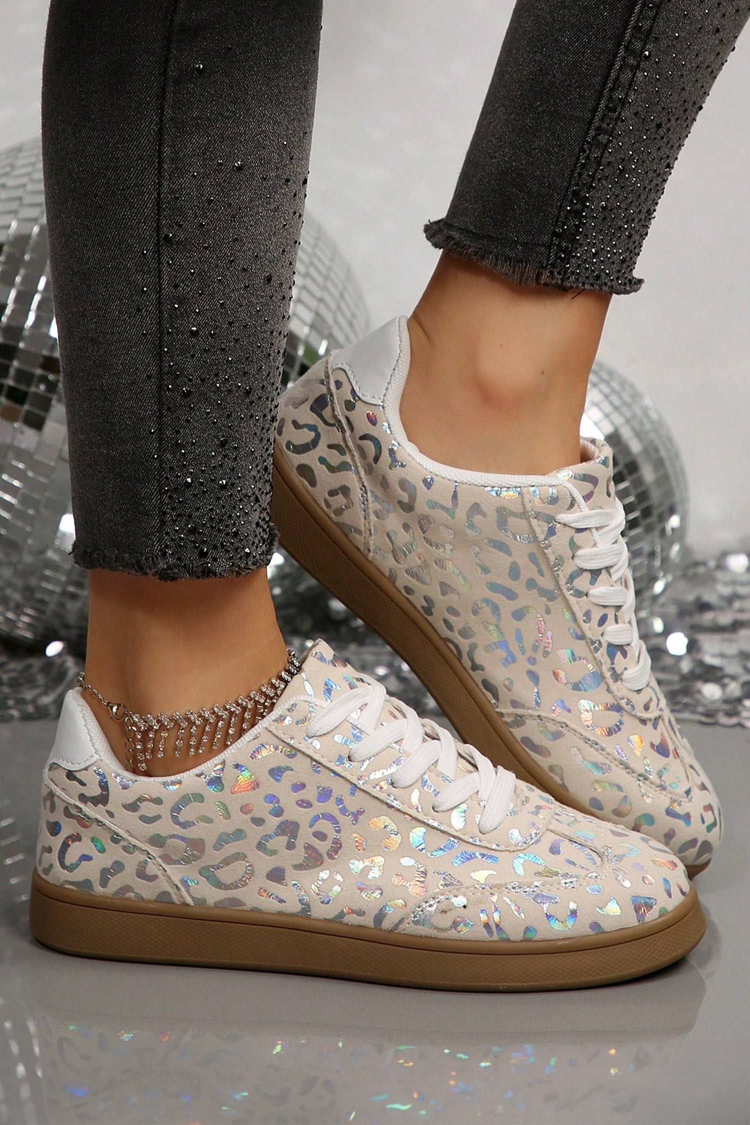 White Shiny Leopard Print Training Shoes