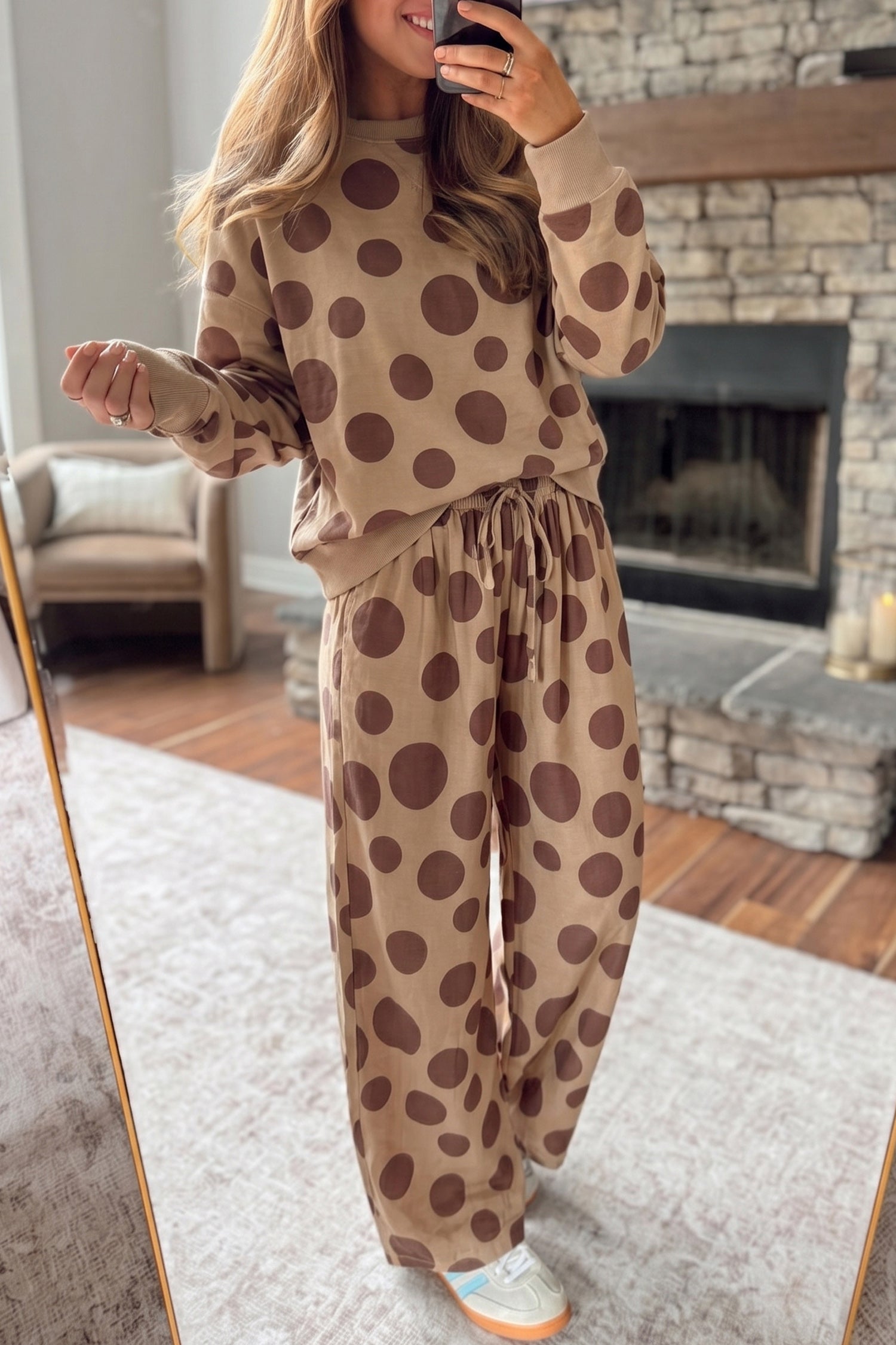 Khaki Polka Dot Long Sleeve Top Drawstring Relaxed Pants Set