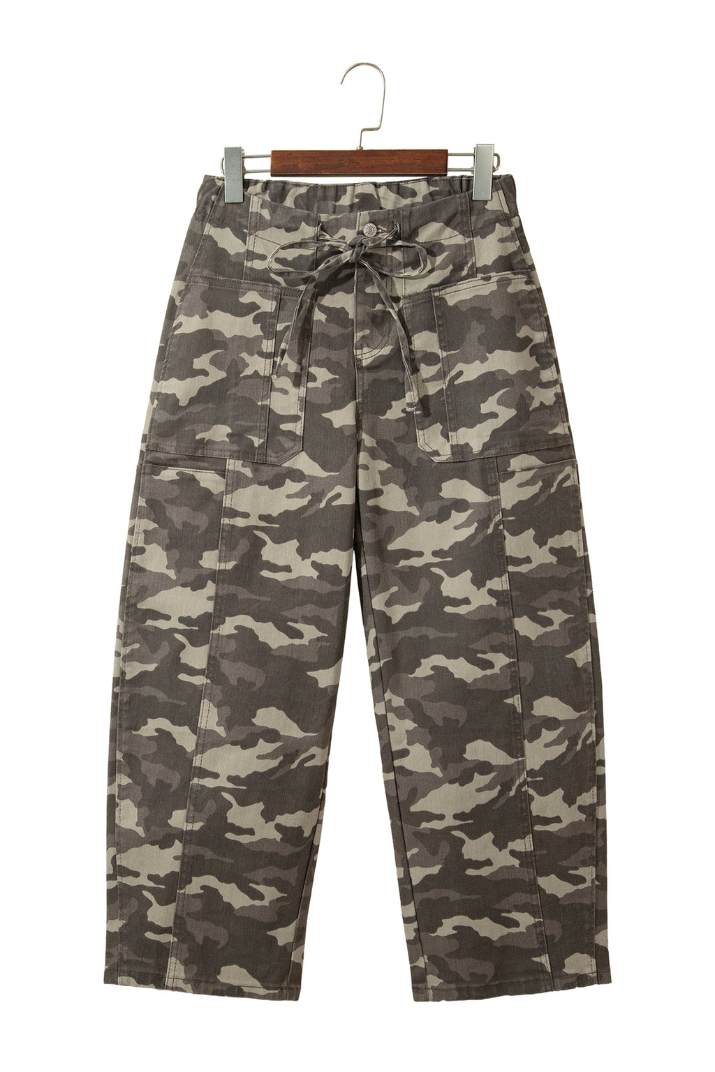 Green Leopard Printed Drawstring Elastic Waistband Pocketed Barrel Jeans