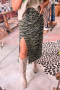 Brown Leopard Print Side Split Frayed Hem Denim Midi Skirt