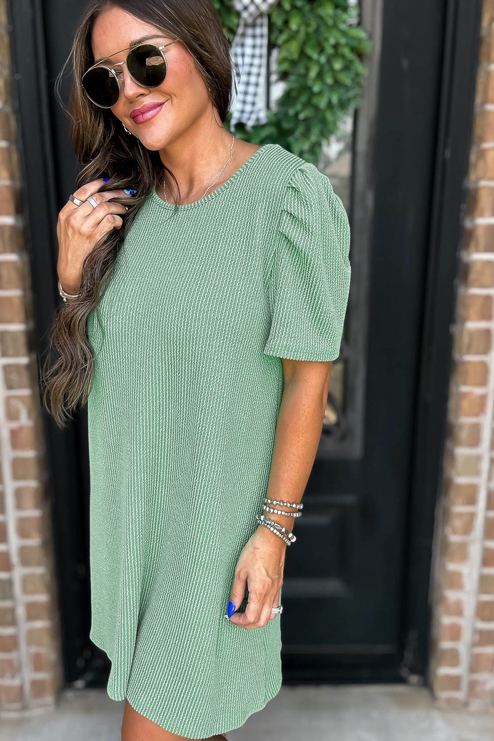 Blossom Corded Knit Crew Neck Puff Sleeve Shift Mini Dress