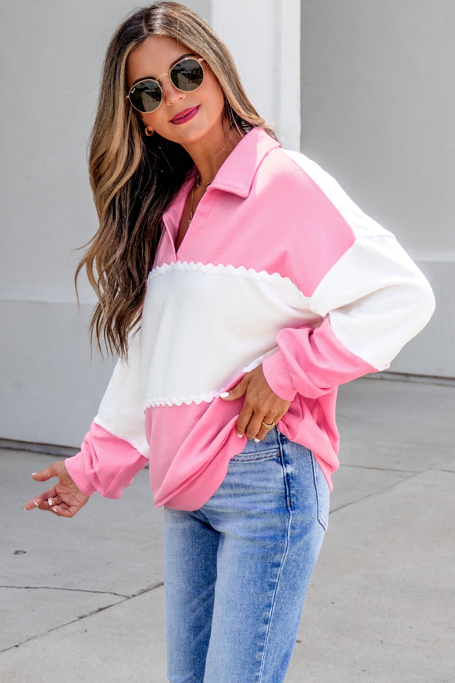 Rose Red Color Block Ricrac Trim Patchwork Collar V Neck Long Sleeve Top