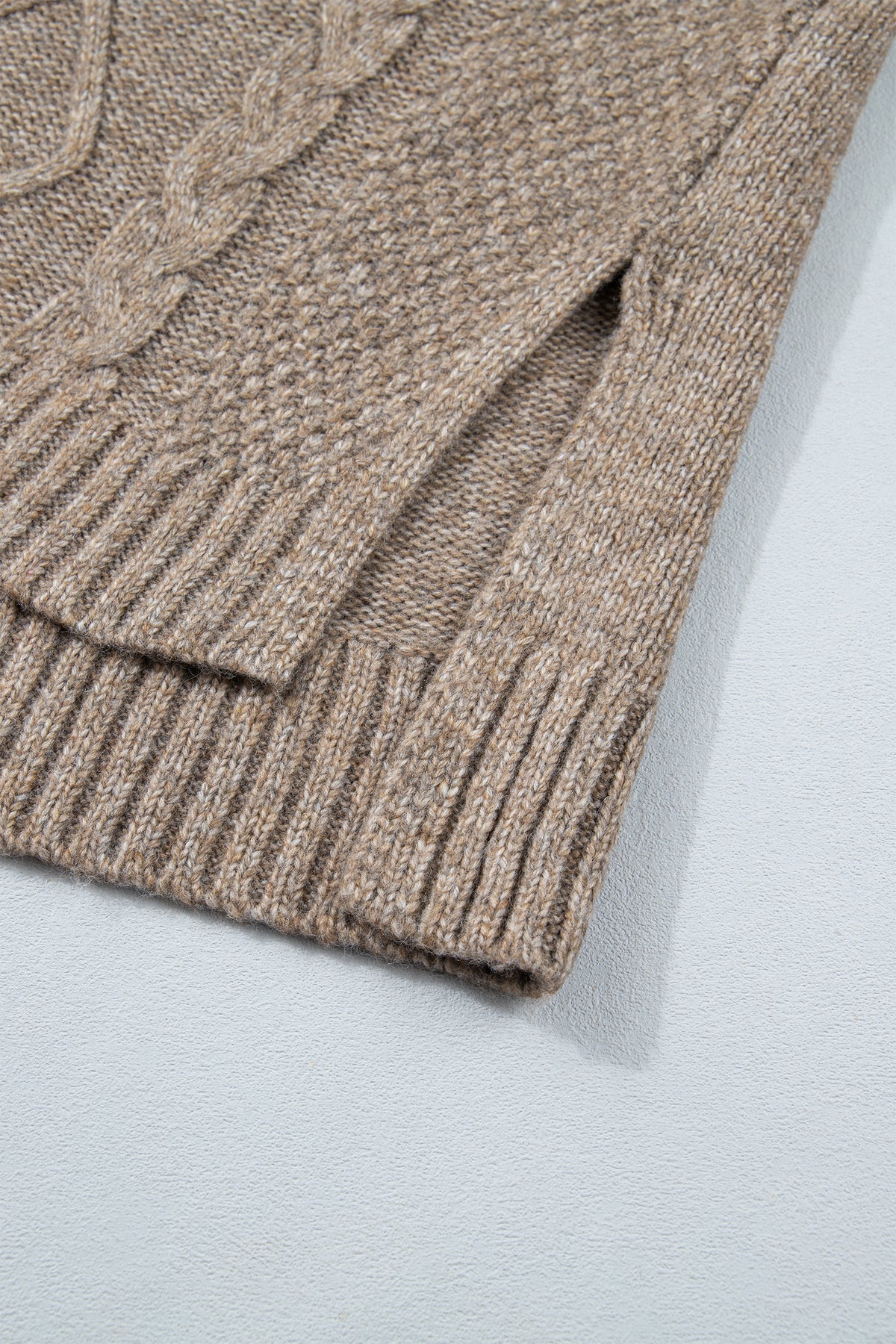 Dark Khaki High Neck Drop Shoulder Cable Knit Regular Length Sweater