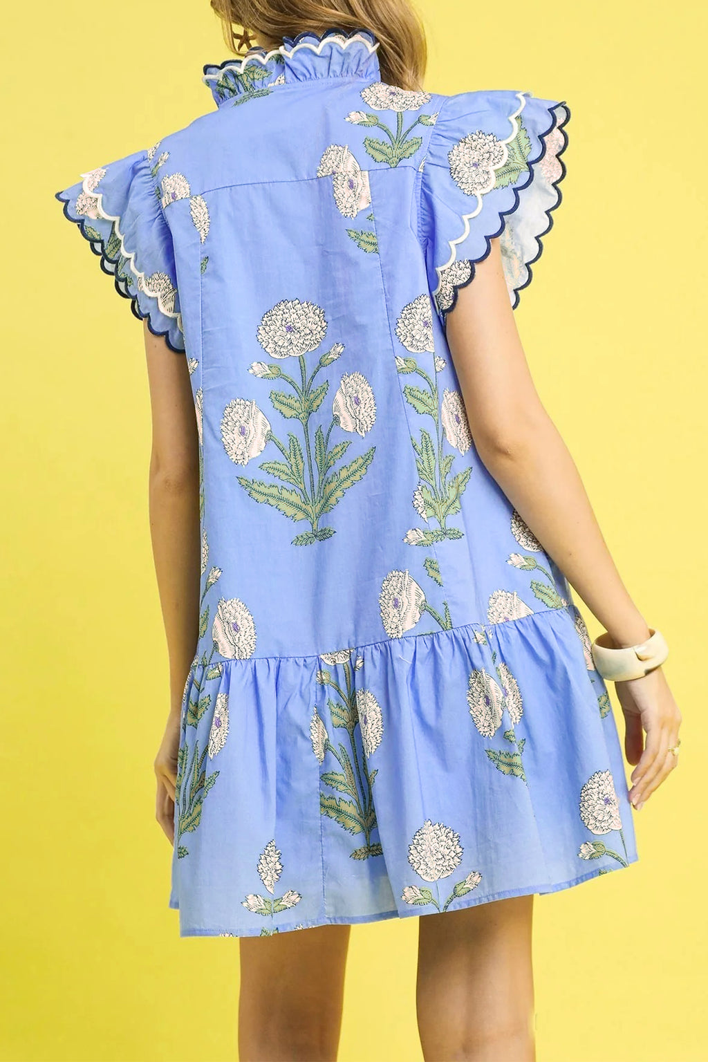 Sky Blue Wild Floral Print Scalloped Embroidery Trim V Neck Drop Waist Mini Dress
