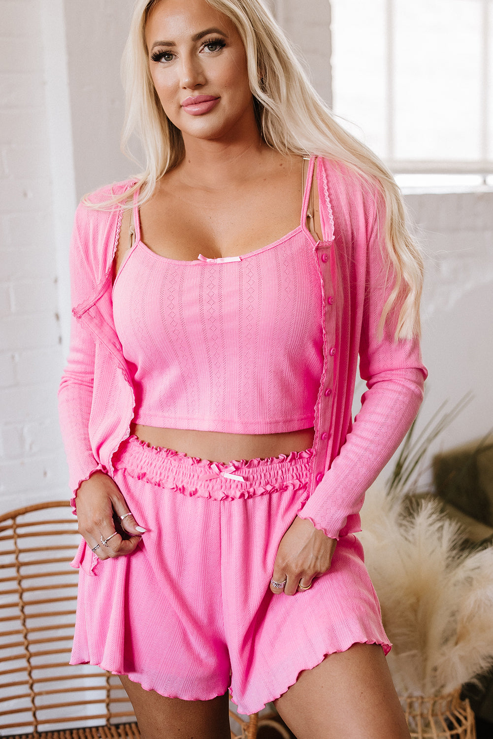 Bonbon Delicate Texture Cropped Cami Shorts and Cardigan 3pcs Lounge Set