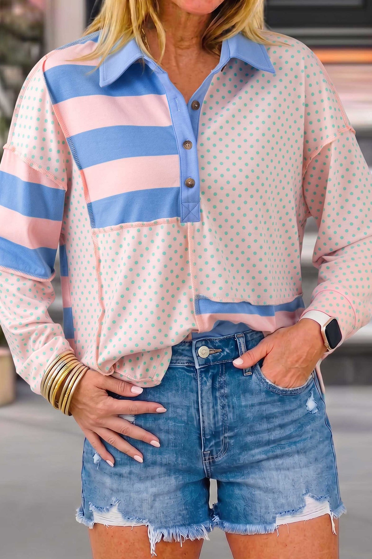 Pink Striped Polka Dot Patchwork Polo Collar Long Sleeve Top